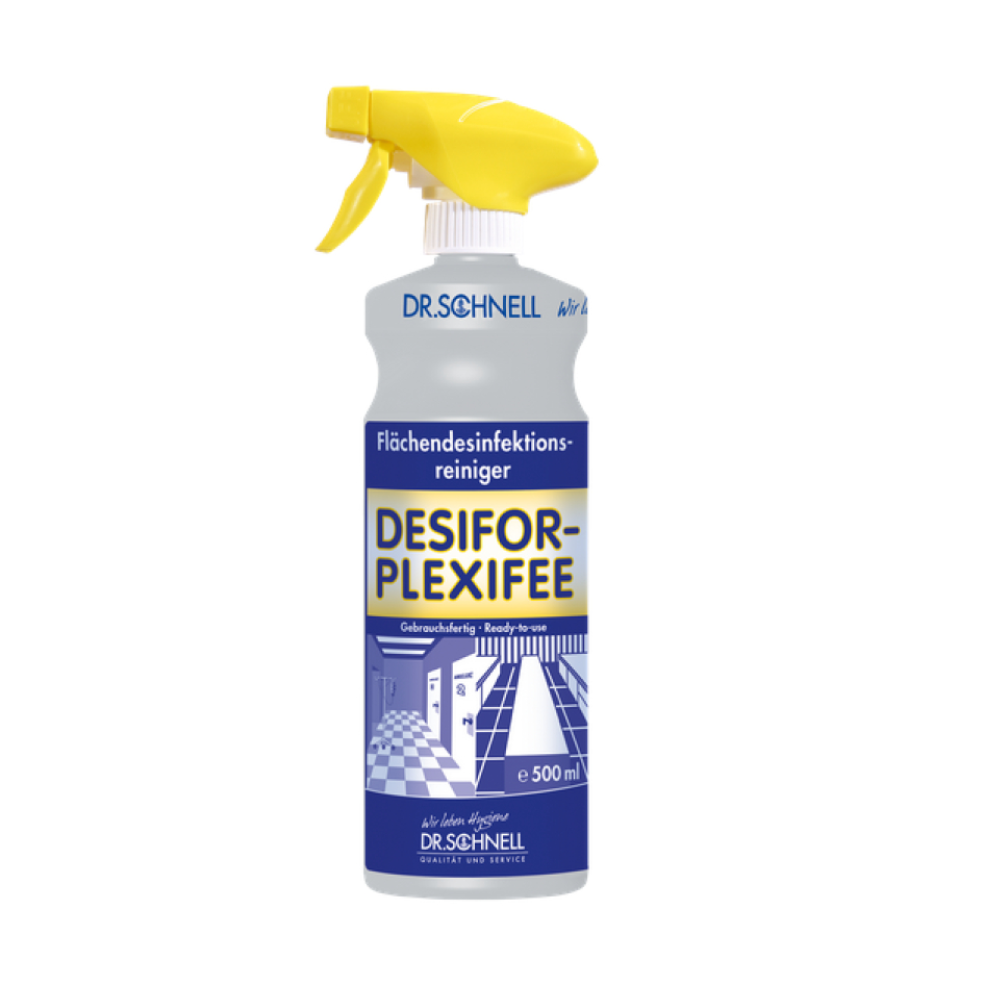 Eine 500-ml-Flasche Dr. Schnell Desifor PlexiFee Flächendesinfektionsmittel der DR.SCHNELL GmbH & Co. KGaA mit gelber Sprühdüse und blau-weißem Etikett mit Oberflächenillustrationen für eine effektive Oberflächenreinigung.