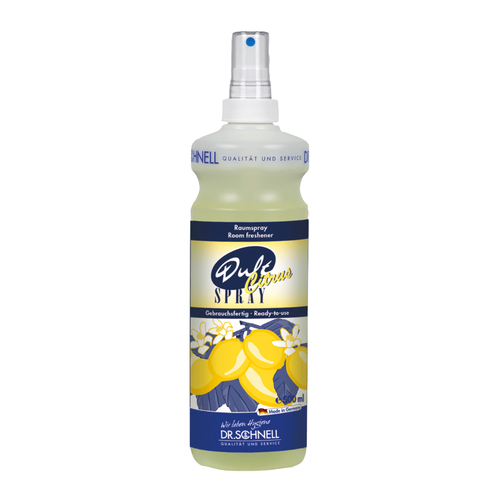 Das Dr. Schnell Duftspray Citrus 500 ml von DR.SCHNELL GmbH & Co. KGaA ist in einer Sprühflasche erhältlich, die mit Bildern von Zitronen und weißen Blumen auf blauem Hintergrund verziert ist. In der transparenten Flasche befindet sich eine hellgelbe Flüssigkeit zur Geruchsbeseitigung mit einem Fassungsvermögen von 500 ml.
