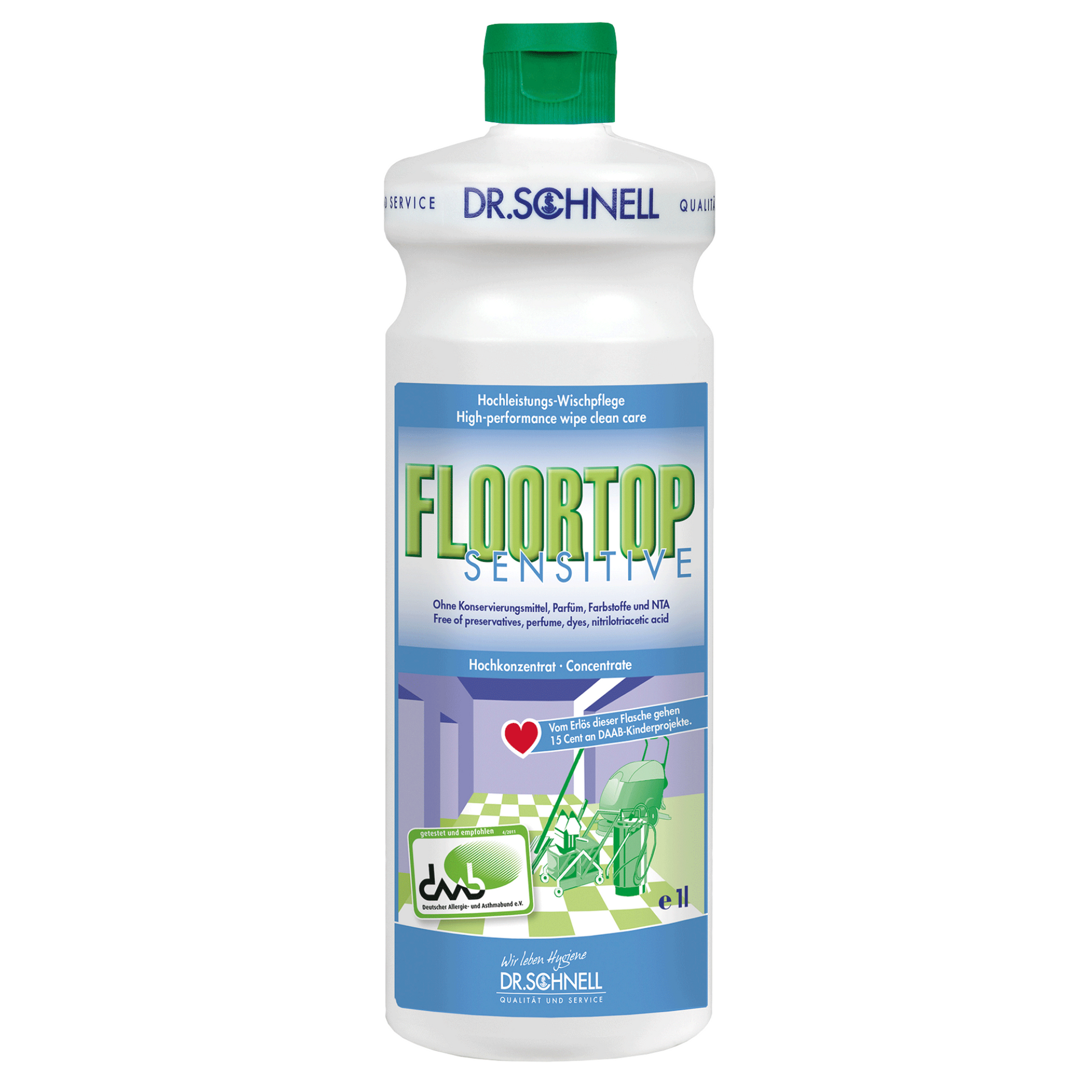 Eine Ein-Liter-Flasche Dr. Schnell Floortop Sensitive, Bodenreiniger Konzentrat von DR.SCHNELL GmbH & Co. KGaA. Das Etikett ist überwiegend weiß und blau mit grünen Akzenten und deutschem Text, mit einer grünen Kappe und weist es als Hochleistungs-Bodenreiniger-Konzentrat aus.