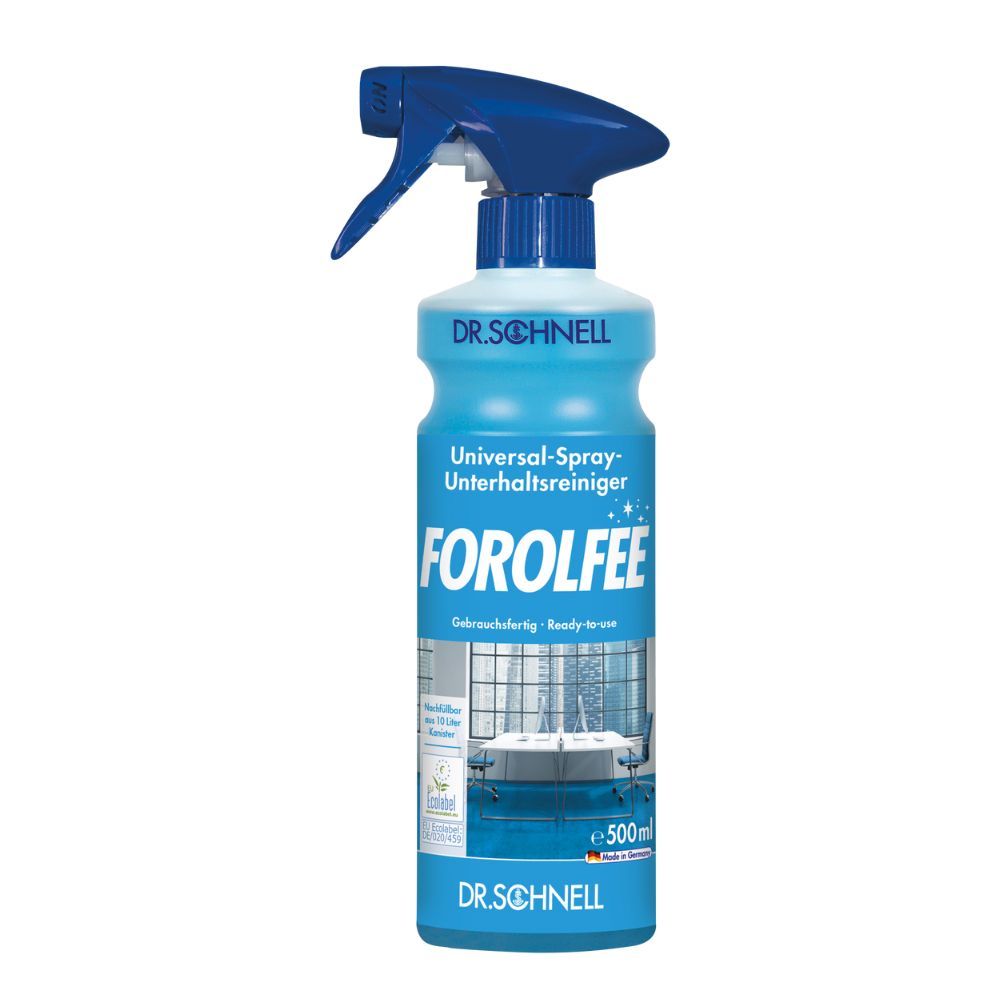 Dr. Schnell ForolFee Universalreiniger, eine 500 ml Sprühflasche von DR.SCHNELL GmbH & Co. KGaA, ist in deutscher Sprache beschriftet und zeigt ein Bild einer Reinigungsszene. Es wird mit einer Sprühdüse geliefert und bietet vielseitige Reinigungskraft.