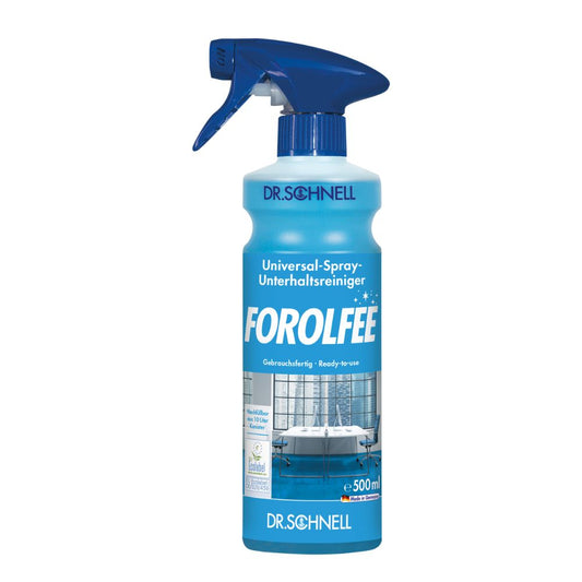 Dr. Schnell ForolFee Universalreiniger, eine 500 ml Sprühflasche von DR.SCHNELL GmbH & Co. KGaA, ist in deutscher Sprache beschriftet und zeigt ein Bild einer Reinigungsszene. Es wird mit einer Sprühdüse geliefert und bietet vielseitige Reinigungskraft.