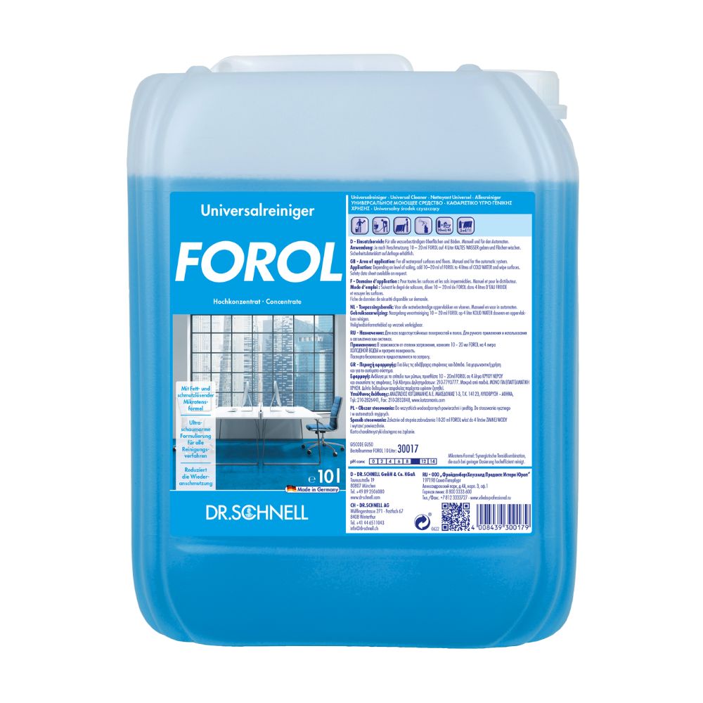 Bild eines 10-Liter-Behälters Dr. Schnell Forol Universalreiniger Oberflächen Konzentrat von DR.SCHNELL GmbH & Co. KGaA, einem hellblauen Mehrzweckreiniger, der für seine hervorragenden Schmutzlöseeigenschaften bekannt ist. Das vordere Etikett zeigt Produktdetails, Gebrauchsanweisungen und ein Bild, das einen makellos weißen Raum zeigt.