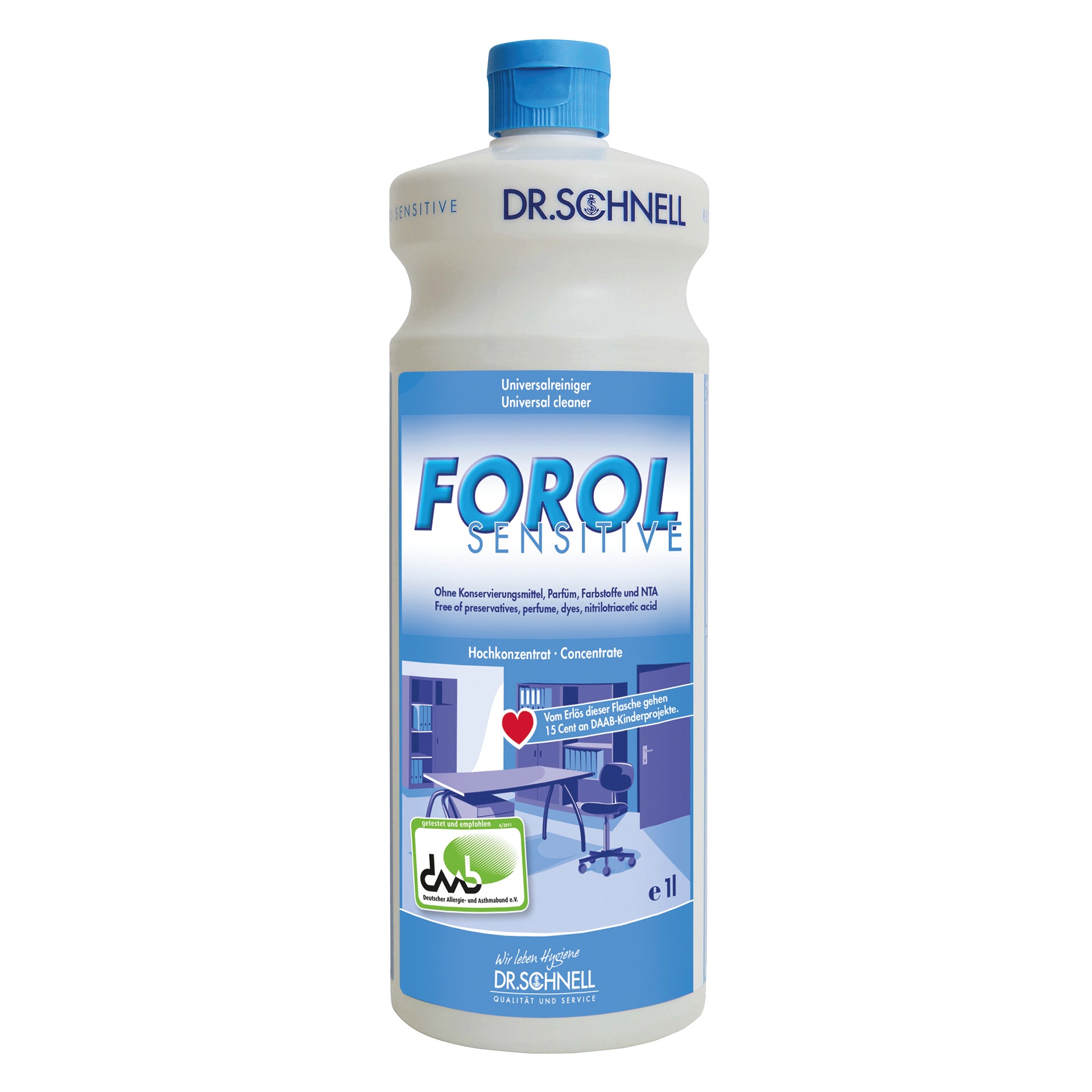Bei der weißen Flasche mit blauem Verschluss und der Aufschrift „Dr. Schnell Forol Sensitive Universalreiniger“ der DR.SCHNELL GmbH & Co. KGaA handelt es sich um einen Allzweckreiniger mit einem Fassungsvermögen von 1 Liter, der in der unteren linken Ecke Abbildungen von Büromöbeln sowie ein Zertifikatslogo trägt.