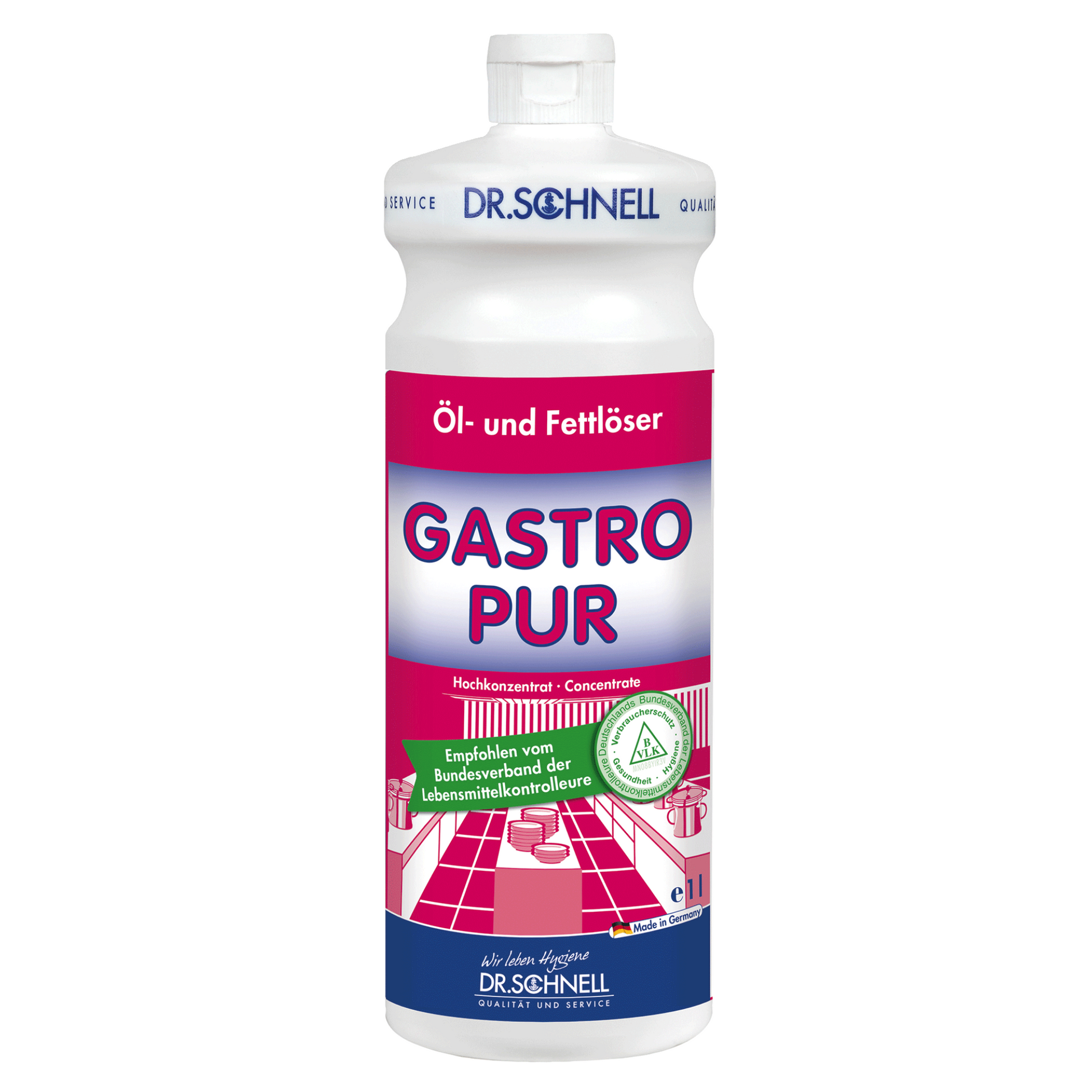 Das ausgestellte Produkt ist Dr. Schnell Gastro Pur Öl- und Fettlöser von DR.SCHNELL GmbH & Co. KGaA, das speziell für Lebensmittel verarbeitende Betriebe entwickelt wurde. Das Etikett hebt die HACCP-Zertifizierung und die starke Öl- und Fettlösekraft hervor. Mit seinem rosa-weißen Design mit Küchengrafiken weist es deutlich auf die Zulassung der Lebensmittelkontrolleure hin.