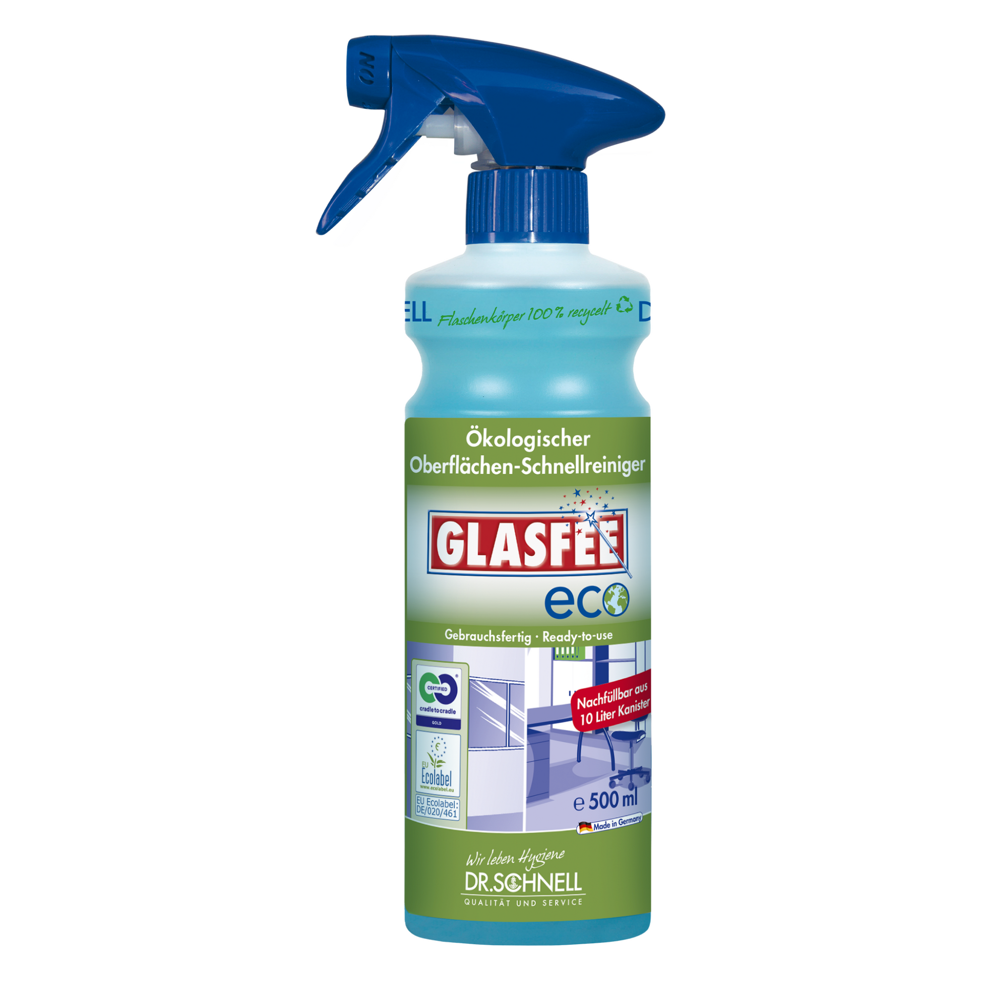 Eine 500 ml Sprühflasche mit Dr. Schnell GlasFee Eco von DR.SCHNELL GmbH & Co. KGaA sorgt für rückstandsfreie Reinigung. Die grüne Flasche mit blauem Sprühverschluss mit Haussymbol und deutschem Text unterstreicht ihre Funktion als gebrauchsfertiger, ökologischer Schnellreiniger für Oberflächen.