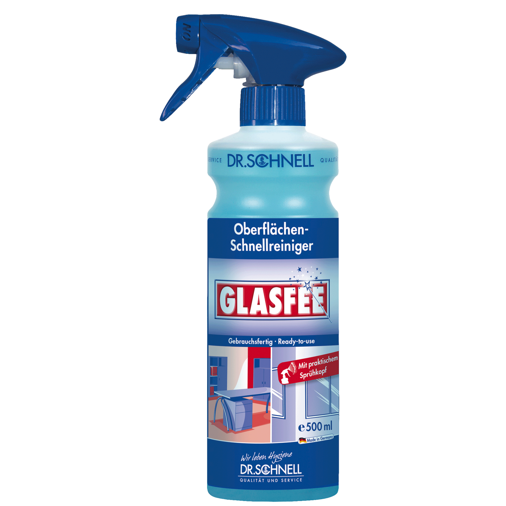 Der Dr. Schnell GlasFee Glasreiniger der DR.SCHNELL GmbH & Co. KGaA ist eine 500 ml fassende blaue Sprühflasche mit Sprühkopf, mit der sich Schmutzablagerungen mühelos beseitigen und Glas effektiv reinigen lassen und somit ein idealer Oberflächenreiniger ist.