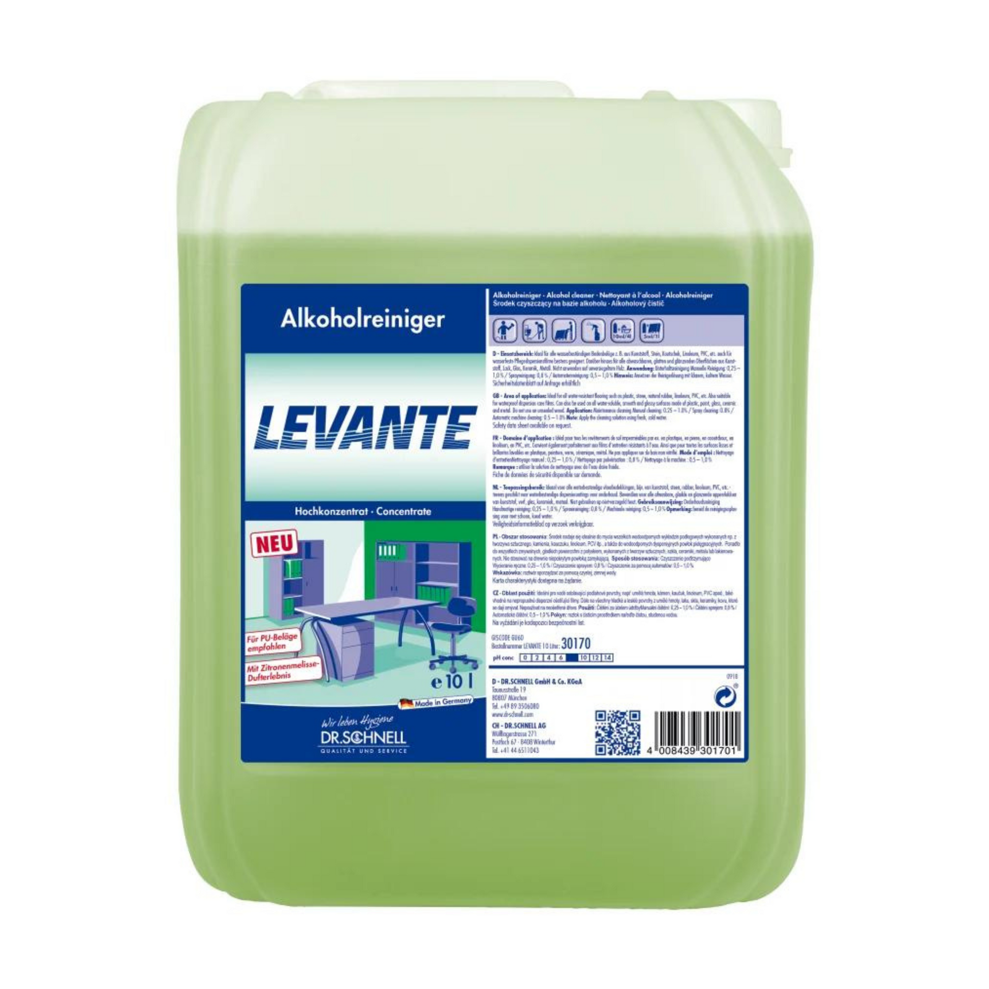 Ein großer, grüner Kunststoffbehälter mit der Aufschrift „Dr. Schnell Levante Alkohol-Glanzreiniger, Konzentrat“ der DR.SCHNELL GmbH & Co. KGaA dient der effektiven Oberflächenreinigung. Das Etikett enthält Anweisungen und Sicherheitsinformationen in mehreren Sprachen und verfügt über einen praktischen Tragegriff zum einfachen Tragen.
