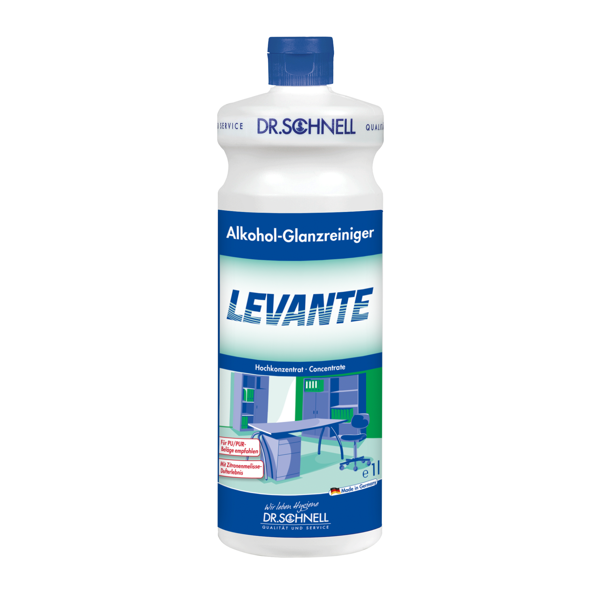 Der Dr. Schnell Levante Alkohol-Glanzreiniger, Konzentrat von DR.SCHNELL GmbH & Co. KGaA eignet sich ideal zur Oberflächenreinigung. Er wird in einer weißen Flasche mit blauem Verschluss geliefert und zeigt Bilder eines sauberen Büroschreibtischs. Diese hochkonzentrierte Formel ist praktischerweise in einer 1-Liter-Größe erhältlich.