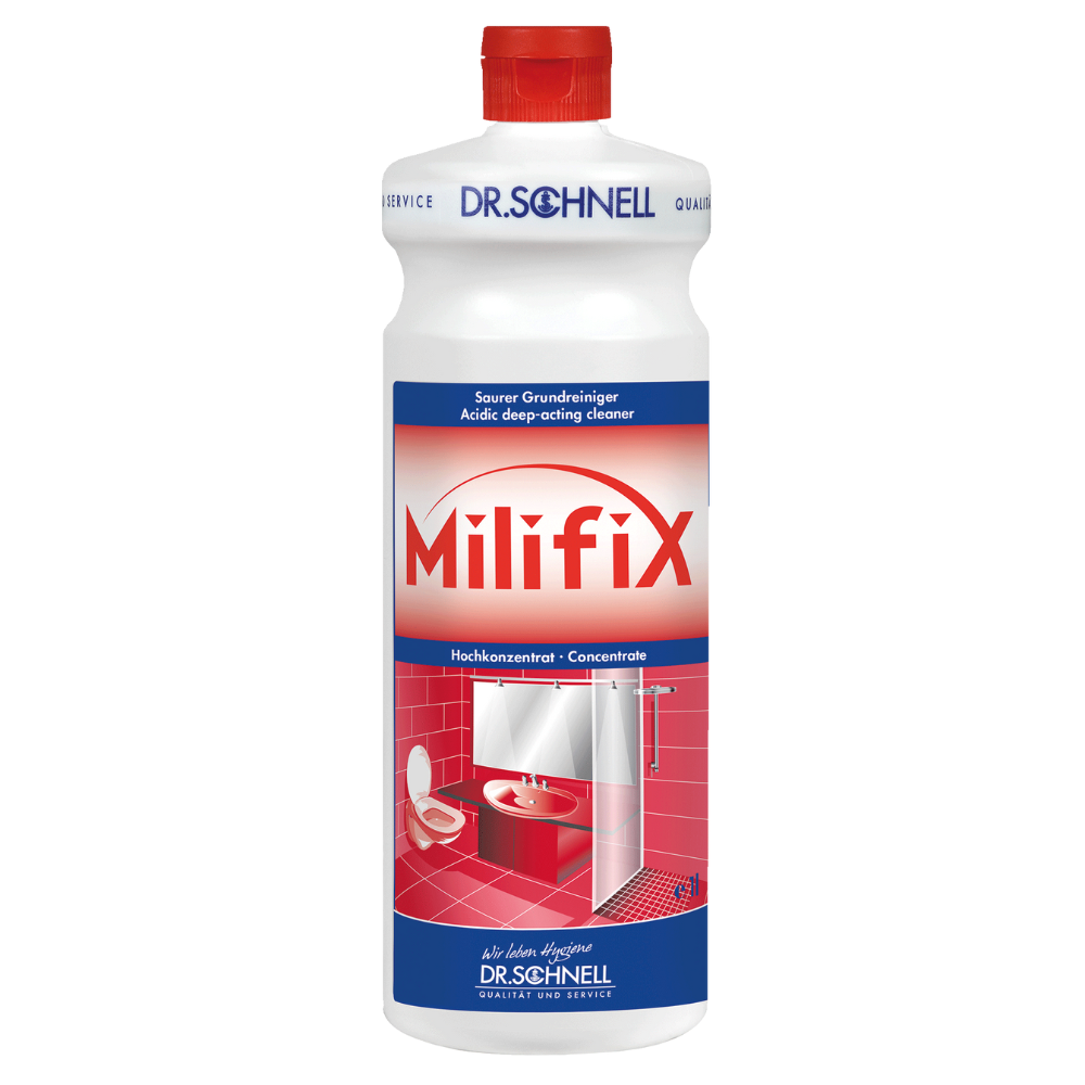 Dr. Schnell MILIFIX Saurer Grundreiniger von DR.SCHNELL GmbH & Co. KGaA ist die ideale Wahl für die Industrie- und Bauendreinigung und verfügt über ein rot-weißes Etikett mit Bildern einer Toilette und eines Waschbeckens. Es enthält mehrsprachige Beschreibungen, die seine Rolle als saures Tiefenreinigungskonzentrat für verschiedene Oberflächen hervorheben.