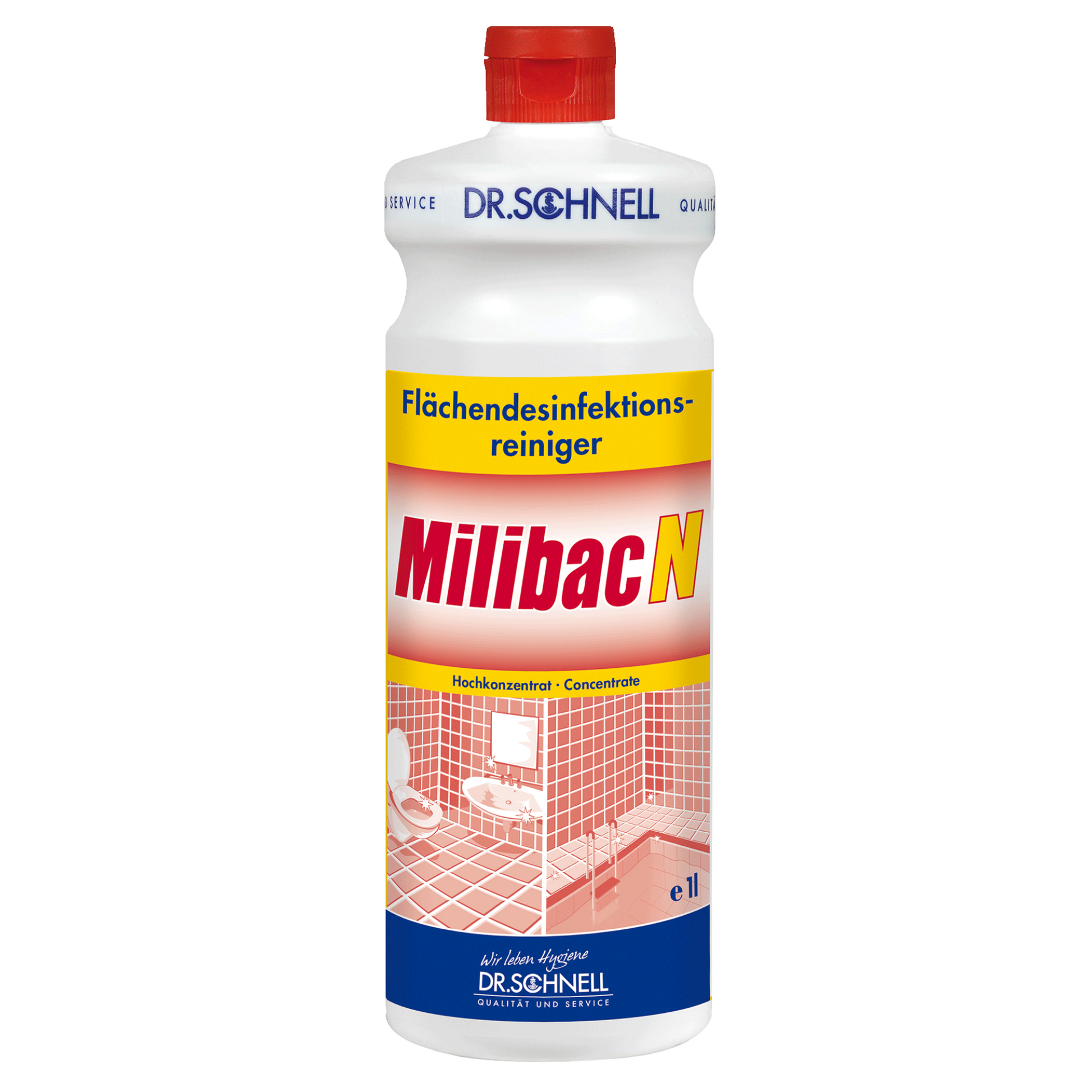 Eine 1-Liter-Flasche Dr. Schnell Milibac N Flächendesinfektion und Kalklöser von DR.SCHNELL GmbH & Co. KGaA mit rot-weißem Etikett mit gefliestem Badezimmerbild und rotem Verschluss bietet hochkonzentrierte Reinigungskraft.