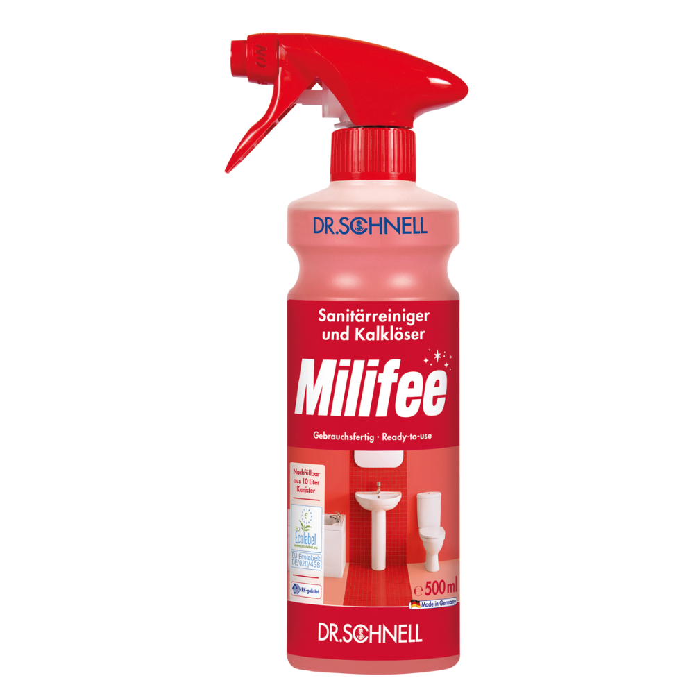 Der Dr. Schnell Milifee gebrauchsfertiger Sanitärreiniger der DR.SCHNELL GmbH & Co. KGaA ist eine rote Sprühflasche zur desinfizierenden Reinigung und Kalkentfernung. Das Etikett mit Abbildungen von Waschbecken und Toilette betont die materialschonenden Reinigungseigenschaften. Ausgestattet mit einer roten Sprühdüse und einem Fassungsvermögen von 500 ml trägt er das EU-Umweltzeichen und garantiert damit seine Umweltfreundlichkeit.