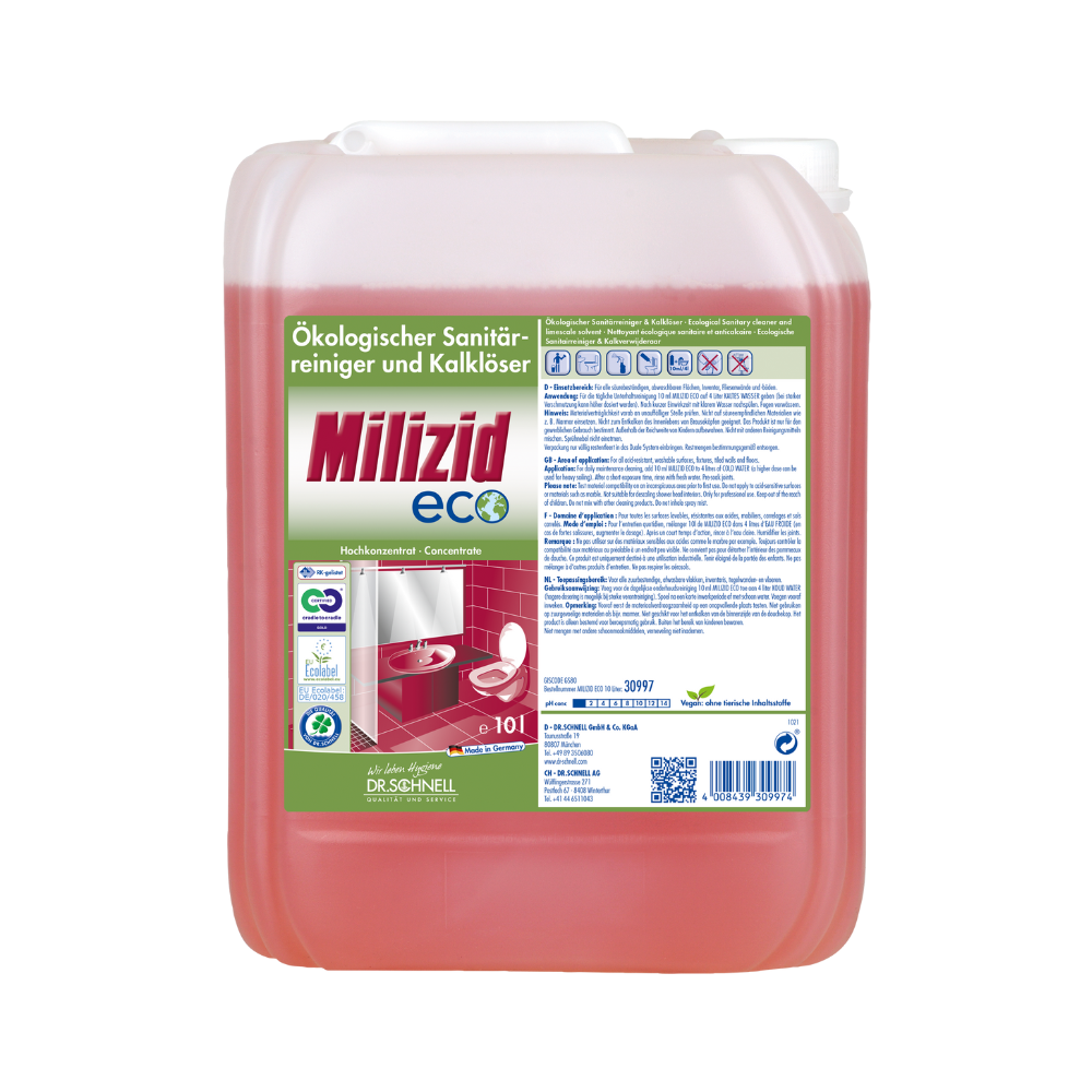 Ein großer Behälter des von der DR.SCHNELL GmbH & Co. KGaA hergestellten Dr. Schnell Milizid ECO Sanitärreinigers und Kalklösers trägt das Umweltzeichen auf seinem Etikett. Dieses umweltfreundliche Produkt ist in den Farben Grün und Rot, mit deutschem Text und einem Badezimmerbild dekoriert und mit einer weißen Kappe versehen.