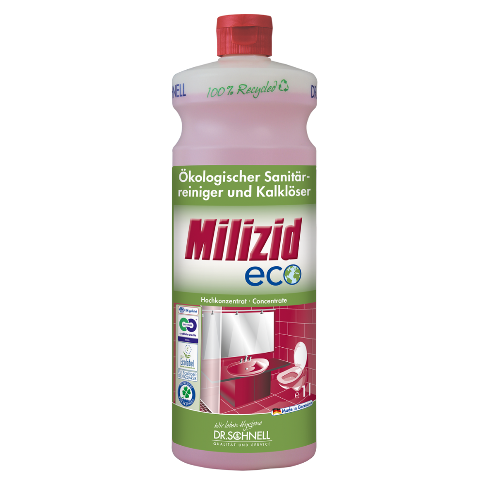 Eine Flasche „Dr. Schnell Milizid ECO Sanitärreiniger und Kalklöser“ der Marke DR.SCHNELL GmbH & Co. KGaA trägt stolz das Umweltzeichen. Auf dem Etikett sind Bilder von Waschbecken und Toilette zu sehen, die die hohe Konzentration unterstreichen. Die rosa Flasche mit rotem Verschluss trägt am Flaschenhals die Aufschrift „100 % recycelt“.