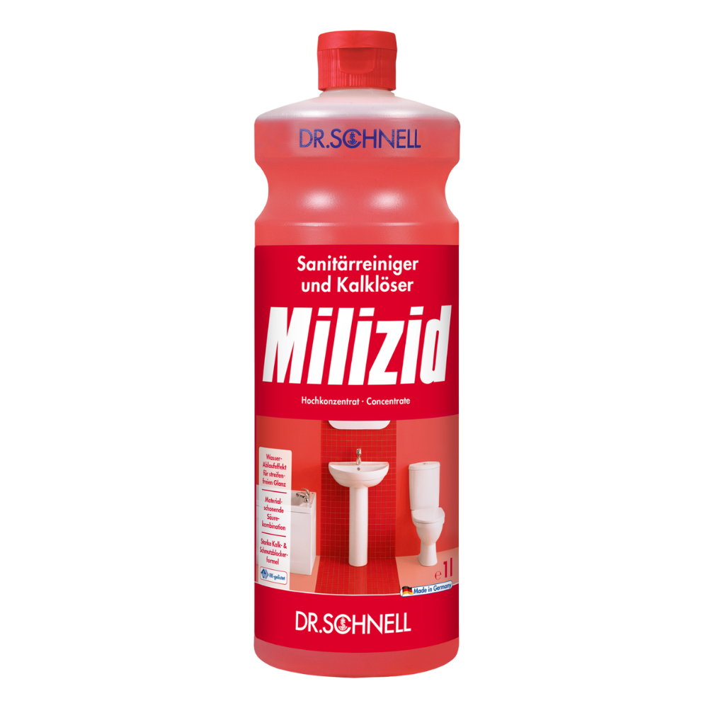 Eine rote 1-Liter-Flasche Dr. Schnell Milizid Sanitärreiniger und Kalklöser von DR.SCHNELL GmbH & Co. KGaA zeichnet sich durch starke Reinigungs- und Entkalkungseigenschaften aus. Das Etikett zeigt Bilder eines Waschbeckens und einer Toilette und betont so die effektive Reinigungswirkung.