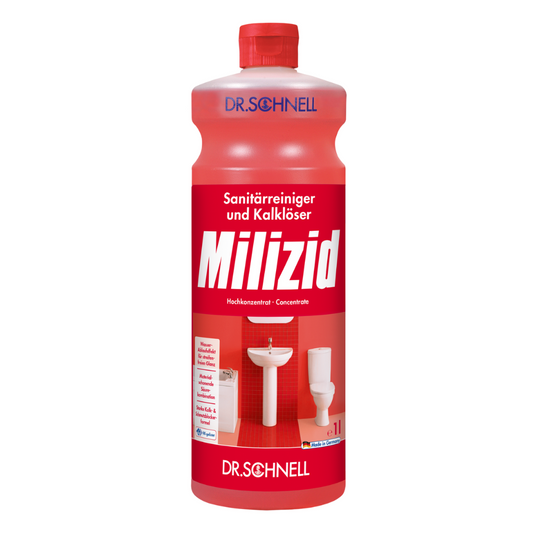 Eine rote 1-Liter-Flasche Dr. Schnell Milizid Sanitärreiniger und Kalklöser von DR.SCHNELL GmbH & Co. KGaA zeichnet sich durch starke Reinigungs- und Entkalkungseigenschaften aus. Das Etikett zeigt Bilder eines Waschbeckens und einer Toilette und betont so die effektive Reinigungswirkung.
