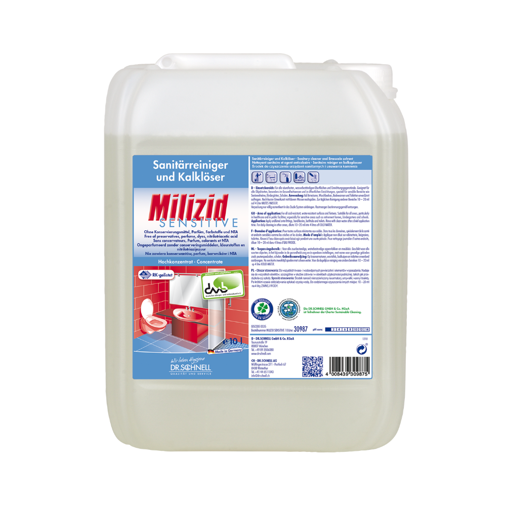 Ein Behälter mit Dr. Schnell Milizid Sensitive Sanitärreiniger und Kalklöser, einem Produkt der DR.SCHNELL GmbH & Co. KGaA. Er verfügt über ein blaues Etikett mit Produktdetails und Bildern eines Waschbeckens und einer Toilette auf säurebeständigen Oberflächen. Der durchsichtige Behälter ist mit einer weißen Kappe verschlossen.