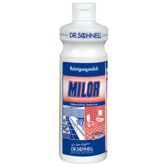 Eine weiße Plastikflasche Dr. Schnell Milor Reinigungsmilch von DR.SCHNELL GmbH & Co. KGaA wird ausgestellt. Das Etikett ist in den Farben Blau und Rot gehalten und mit deutschem Text und Bildern versehen, die saubere Fliesen, eine Badewanne und ein Waschbecken zeigen. Sie ist ideal für die Kalkentfernung auf wasserfesten Materialien, wobei die Flasche ein Fassungsvermögen von 500 ml hat.
