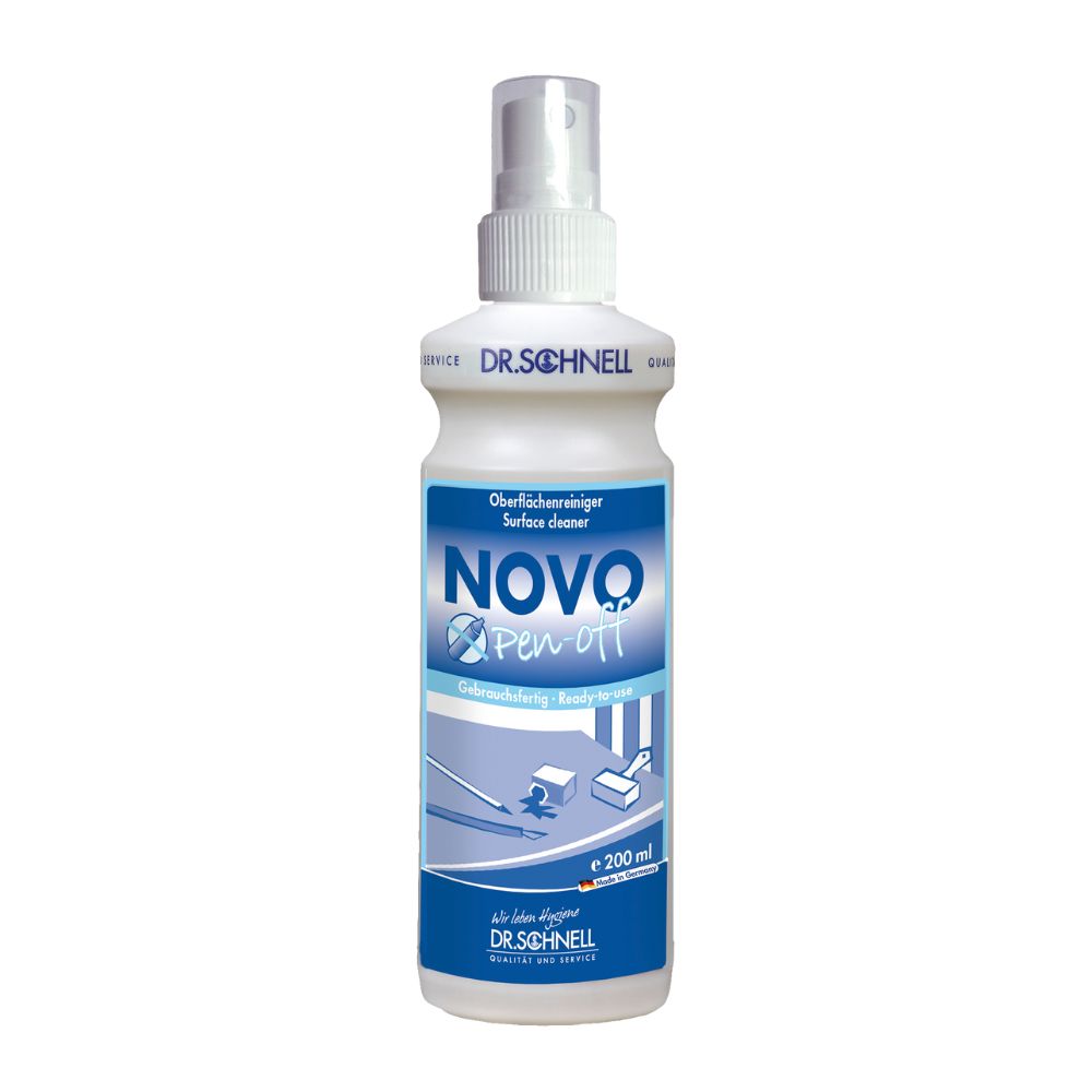 Eine überwiegend weiße Sprühflasche mit der Aufschrift „Dr. Schnell Novo Pen-off Kunststoffreiniger“ der DR.SCHNELL GmbH & Co. KGaA enthält 500 ml und ist für professionelle Anwender konzipiert. Sie verfügt über ein blaues Etikett mit Symbolen und Text in Weiß und Blau, das für die Verwendung als Glasreiniger wirbt.