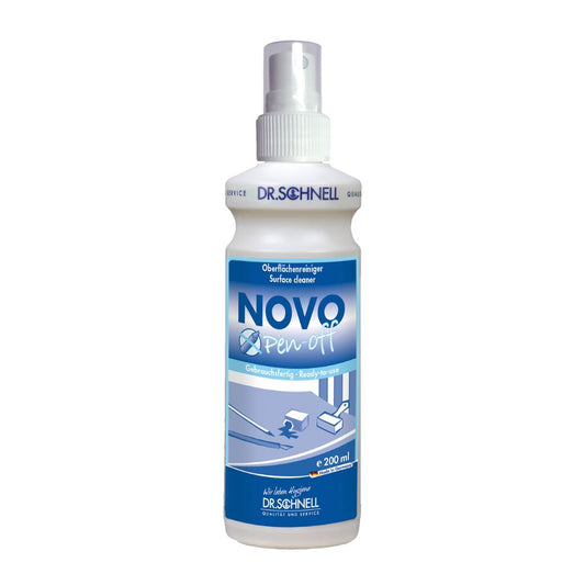 Eine überwiegend weiße Sprühflasche mit der Aufschrift „Dr. Schnell Novo Pen-off Kunststoffreiniger“ der DR.SCHNELL GmbH & Co. KGaA enthält 500 ml und ist für professionelle Anwender konzipiert. Sie verfügt über ein blaues Etikett mit Symbolen und Text in Weiß und Blau, das für die Verwendung als Glasreiniger wirbt.