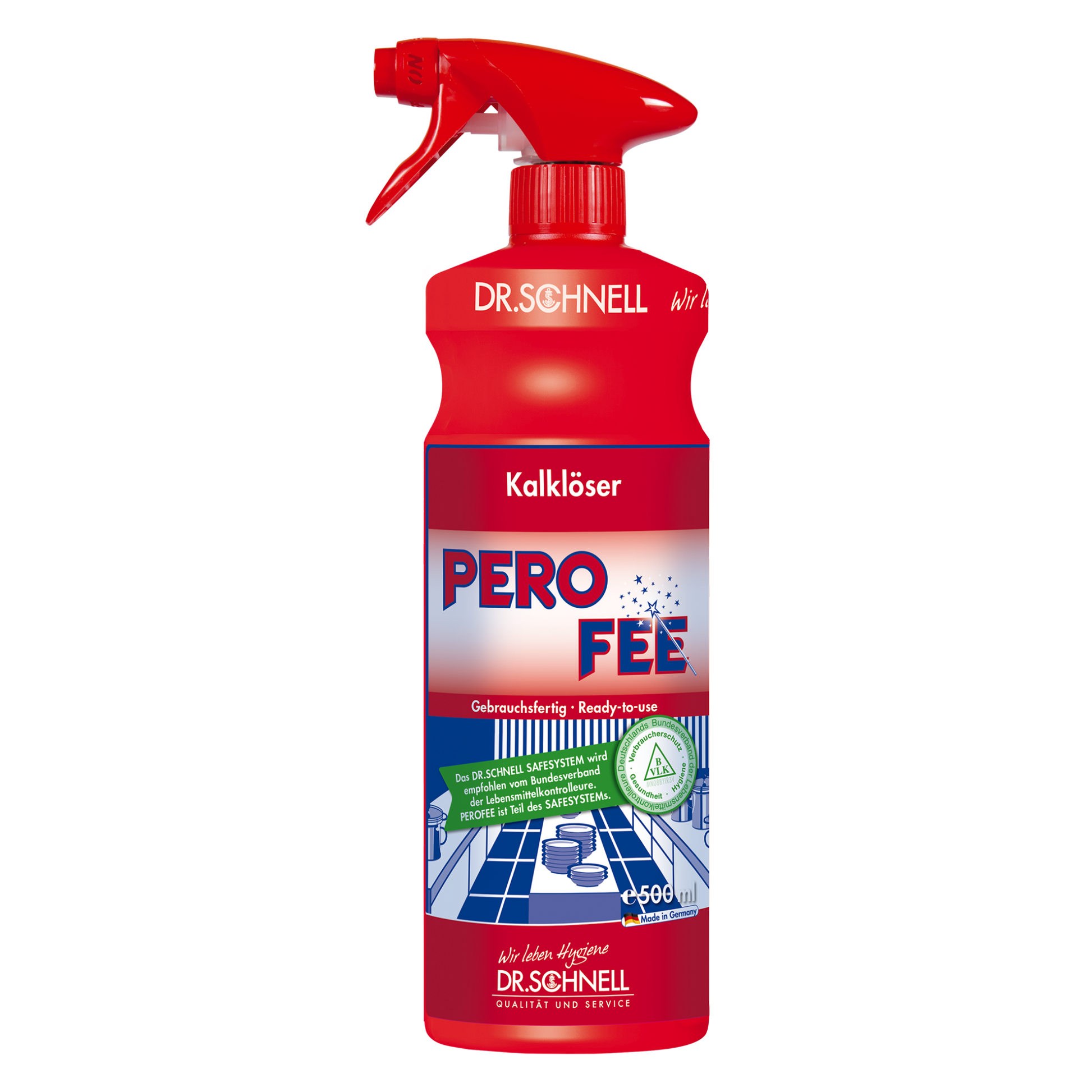 Eine rote Sprühflasche mit der Aufschrift „Dr. Schnell PeroFee Kalklöser, gebrauchsfertig“ von DR.SCHNELL GmbH & Co. KGaA, ideal für den Küchenbereich, verfügt über Symbole, die darauf hinweisen, dass das Mittel gebrauchsfertig und für säurebeständige Oberflächen wie Spülbecken und Fliesen geeignet ist. Die Flasche verfügt über eine rote Düse zum einfachen Sprühen.