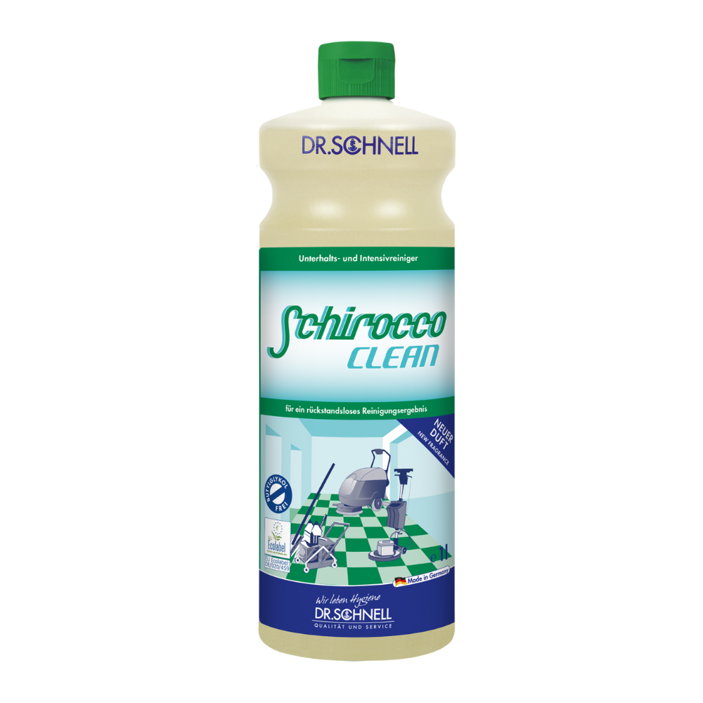 Eine Plastikflasche Dr. Schnell SCHIROCCO CLEAN Unterhalts-, Intensiv- und Grundreiniger von DR.SCHNELL GmbH & Co. KGaA verfügt über ein grün-weißes deutsches Etikett mit Produktinformationen und einer Clean-Floor-Grafik, ideal für die Intensivreinigung von Hartböden.