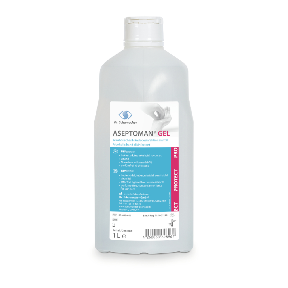 Dr. Schumacher Aseptoman® Gel Händedesinfektionsgel von Dr. Schumacher GmbH ist in einer 1-Liter-Flasche erhältlich, mit deutschem und englischem Text auf dem Etikett mit blauen und rosa Akzenten. Diese viruzide Formel ist hautfreundlich und bietet eine sanfte und dennoch wirksame Händedesinfektion.