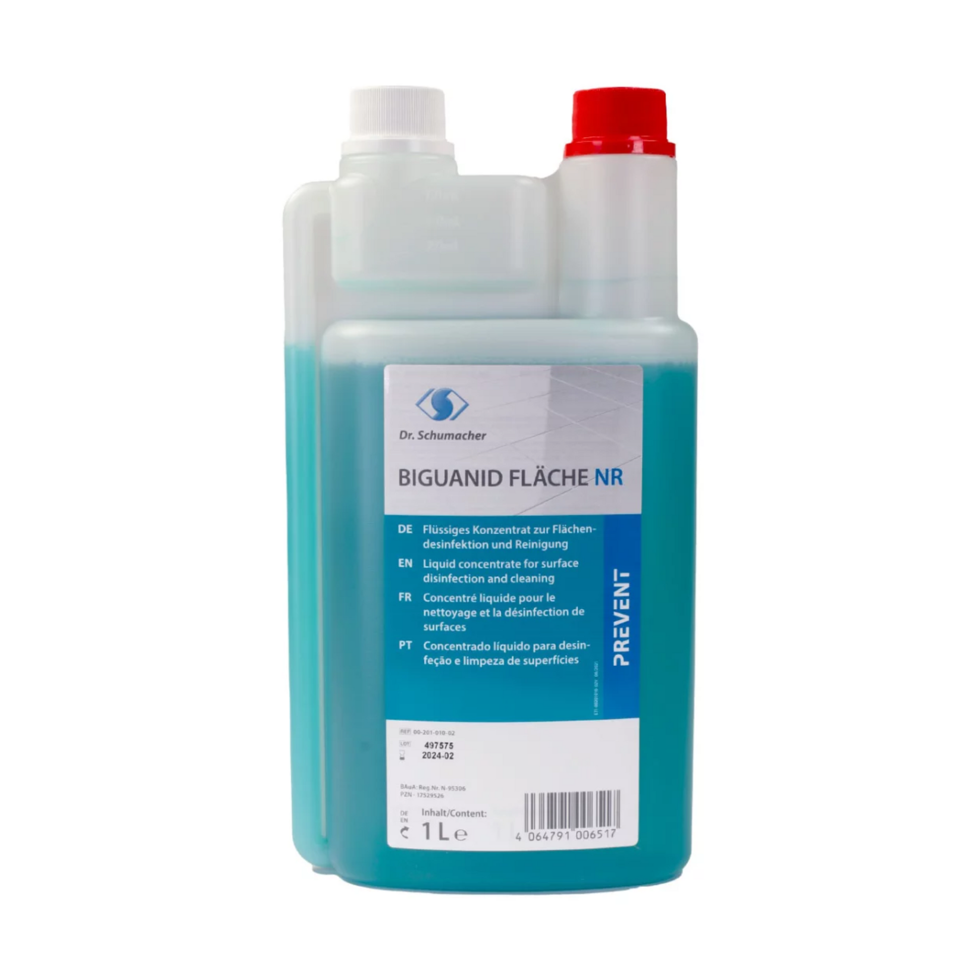 Eine 1-Liter-Flasche Dr. Schumacher Biguanid Fläche NR Flächendesinfektion ist ideal zur Oberflächendesinfektion. Sie verfügt über ein klares Design mit einer weiß-roten Kappe und einem mehrsprachigen Etikett, während das Logo der Dr. Schumacher GmbH oben prominent angebracht ist.