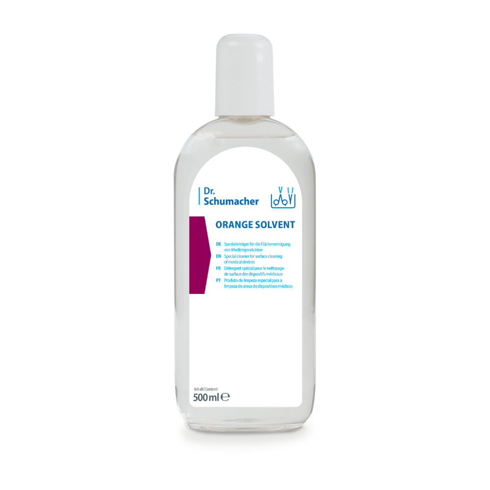Eine transparente 500-ml-Flasche Dr. Schumacher GmbH ORANGE SOLVENT Instrumentenreiniger mit weißer Kappe und blau-weißem Etikett, zur Klebstoffentfernung und Instrumentenreinigung, dargestellt vor weißem Hintergrund.