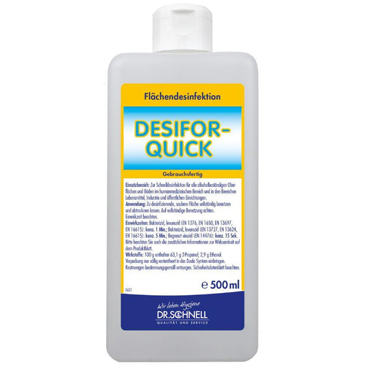 Eine 500-ml-Flasche Dr. Schnell DESIFOR-QUICK Flächendesinfektion der DR.SCHNELL GmbH & Co. KGaA, mit weißem Verschluss und gelb-blauem Etikett in deutscher Sprache, ideal für hygienisch sensible Umgebungen.