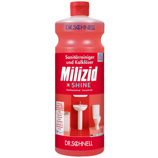 Eine rote 1-Liter-Flasche Dr. Schnell MILIZID SHINE Sanitärreiniger und Kalklöser von DR.SCHNELL GmbH & Co. KGaA, ein umweltfreundlicher Badreiniger mit deutschem Text und Bildern eines Waschbeckens und einer Toilette auf dem Etikett.