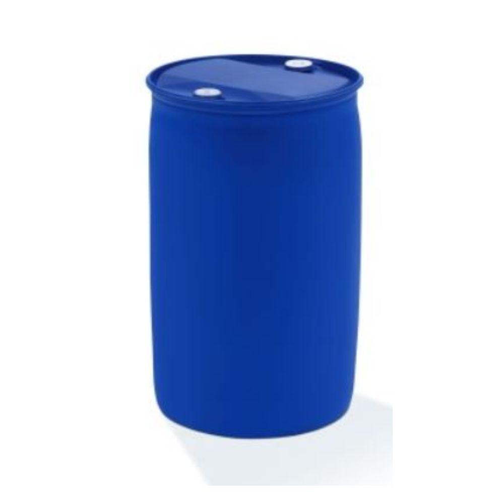Ein großes blaues Kunststofffass mit geschlossenem Deckel und zwei weißen Schraubverschlüssen, ideal zur Aufbewahrung von Dr. Schnell PEROTEX CF 2000 Chlorfreier Geschirrreiniger von DR.SCHNELL GmbH & Co. KGaA, vor einem schlichten weißen Hintergrund.