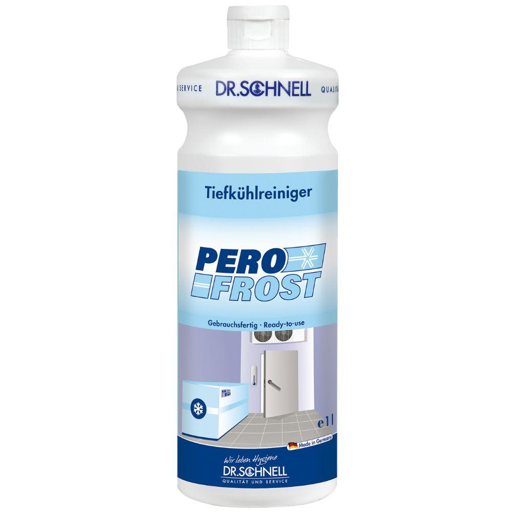 Eine weiße 1-Liter-Flasche DR. SCHNELL PERO FROST Tiefkühlreiniger der DR.SCHNELL GmbH & Co. KGaA, HACCP-zertifiziert, gebrauchsfertig für effektive Hygiene und gründliche Keimreduzierung im Tiefkühlbereich.