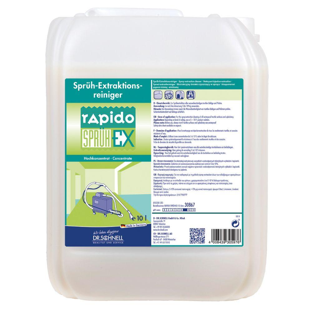 Ein weißer 10-Liter-Kunststoffbehälter mit Griff und Schraubverschluss von Dr. Schnell RAPIDO SPRÜH-EX für Teppiche und Polster von DR.SCHNELL GmbH & Co. KGaA, mit deutschem Etikett mit Gebrauchsanweisung.
