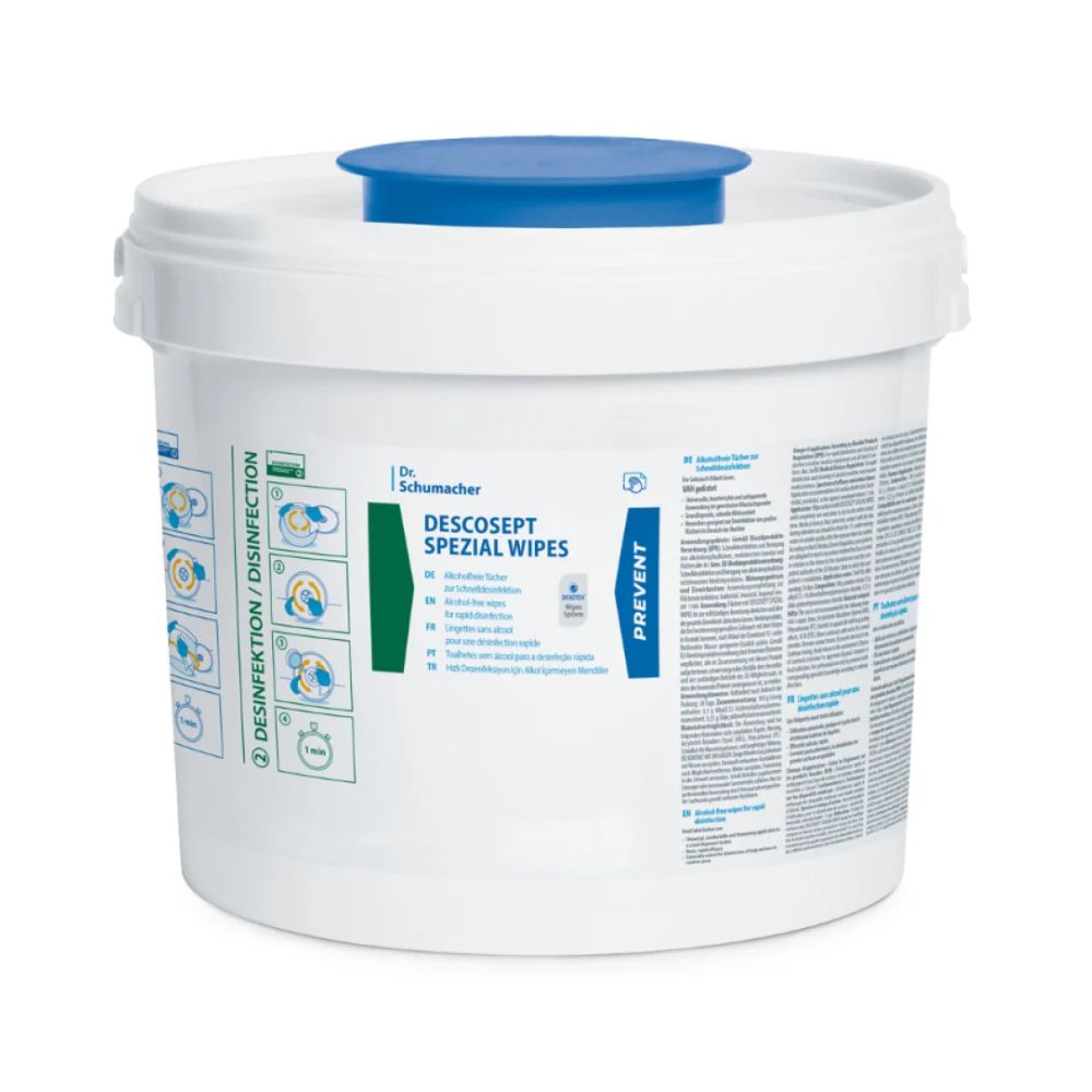 Ein weißer Kunststoffbehälter mit der Aufschrift „Dr. Schumacher DESCOSEPT SPEZIAL WIPES Desinfektionstücher“ mit blauem und grünem Text und Grafiken, kategorisiert unter medizinische Produkte, bietet an der Seite Anweisungen und Sicherheitsinformationen. Der Deckel ist weiß mit einer blauen Oberseite, ideal zur Aufbewahrung dieser Tücher von Dr. Schumacher GmbH.