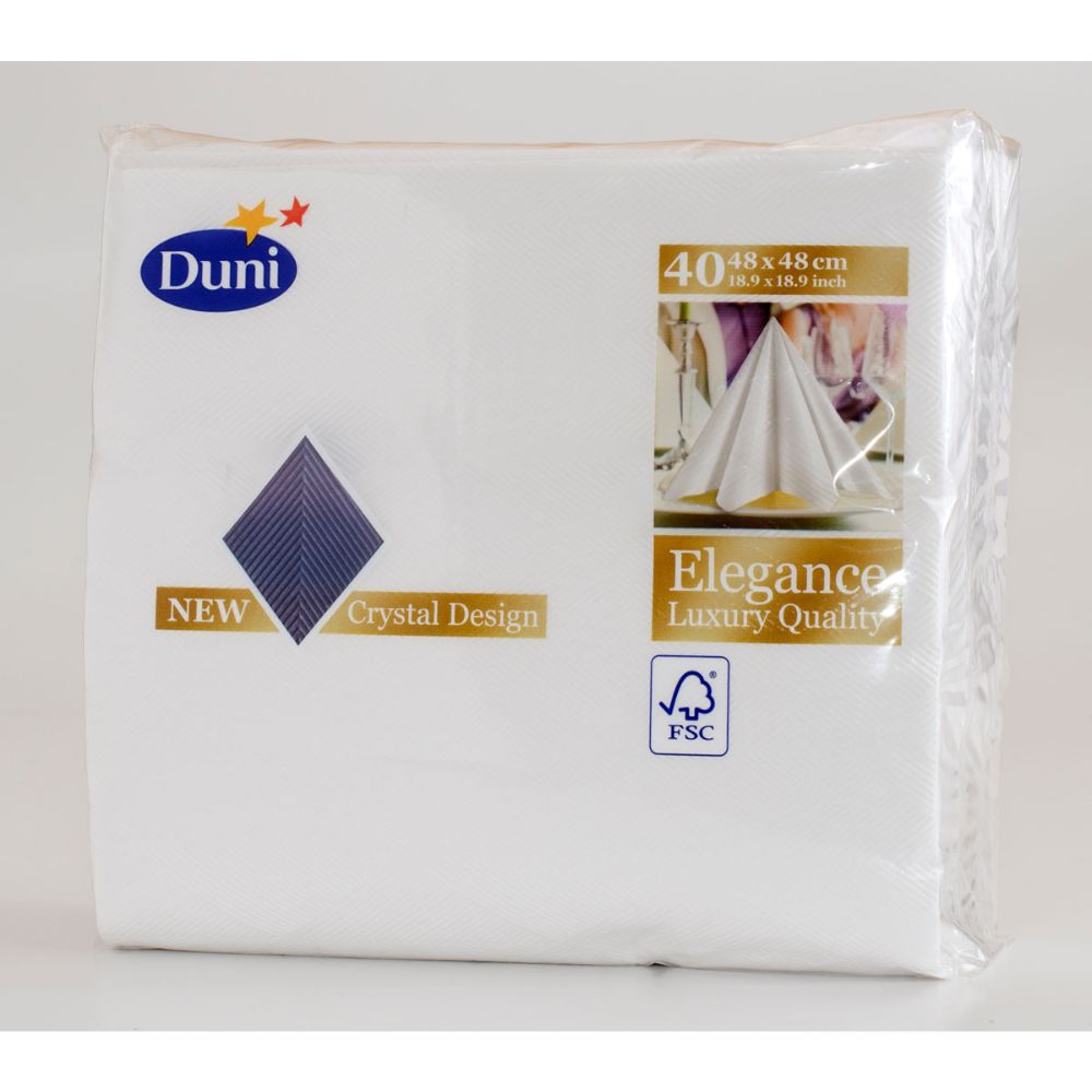 Die Duni Elegance-Servietten Crystal von Duni GmbH sind ideal für einen festlichen Anlass und werden in einer Packung mit dem FSC-Logo und dem Text „40 NEW“ geliefert. Sie verfügen über ein Kristalldesign, sind 48 x 48 cm groß und zeigen auf der rechten Seite das Bild einer gefalteten Serviette.