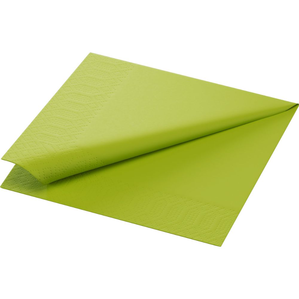 Eine sauber gefaltete grüne Duni Zelltuchservietten-Serviette, hergestellt von der Duni GmbH aus umweltfreundlichen Materialien, verfügt über ein dezent geprägtes Randmuster.