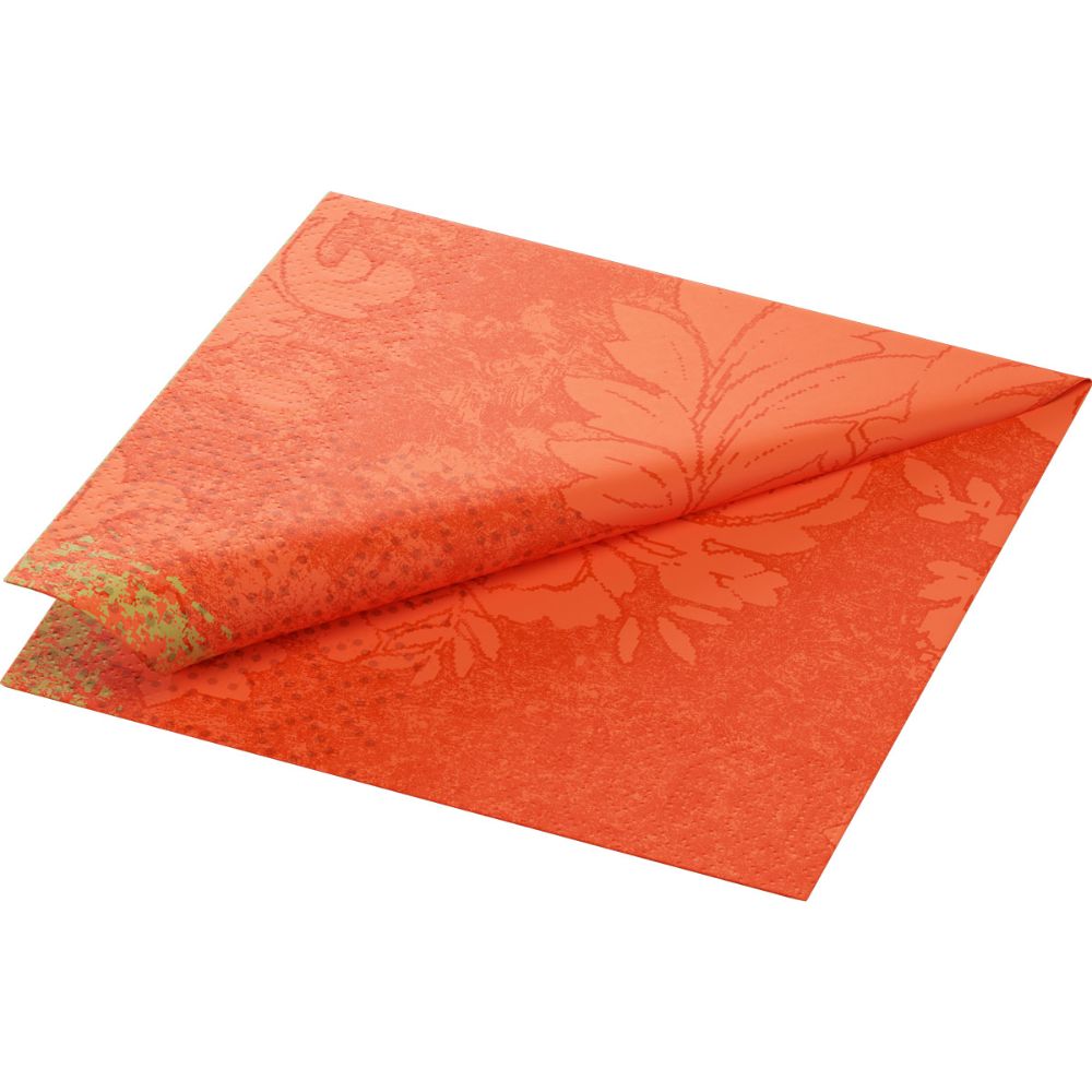 Ein teilweise gefaltetes orangefarbenes Dekorpapier, das den Duni Zelltuchservietten 33 x 33 cm 3-lagig 1/4 Falz von Duni GmbH ähnelt, zeigt ein subtiles Blumenmuster. Die leicht glänzende Oberfläche und das komplizierte Design tragen zu seiner umweltfreundlichen Wirkung bei.