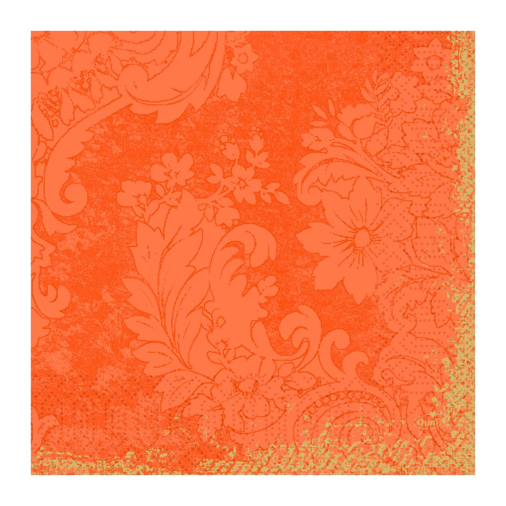 Ein quadratisches orangefarbenes Bild mit einem kunstvollen floralen Schnörkelmuster, das an die Zelltuchservietten 33 x 33 cm 3-lagig 1/4 Falz der Duni GmbH erinnert, zeigt große Blumen und wirbelnde Blätter für ein strukturiertes Vintage-Erscheinungsbild.
