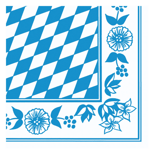 Die Ecke weist ein blau-weißes Muster auf, das an eine Dunisoft®-Serviette der Duni GmbH erinnert, mit einer floralen Bordüre aus Beeren und Blättern neben diagonalen, Bayernrauten-ähnlichen blauen Schachbrettrauten auf weißem Hintergrund, und spiegelt so den eleganten Stil einer Einwegserviette wider.