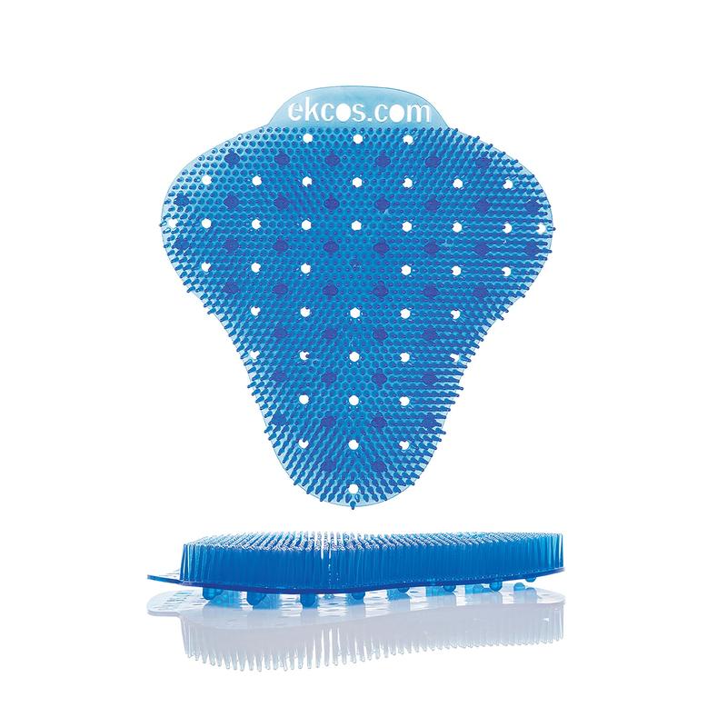 Eine blaue, dreieckige Ekcos Ekcoscreen Urinalmatte - 60+ Tage von Diversey Deutschland GmbH & Co. OHG mit kurzen, flexiblen Borsten und mehreren kleinen Löchern ist von vorne und von der Seite zu sehen; oben ist "ekcos.com" für Geruchskontrolle und Hygiene aufgedruckt.
