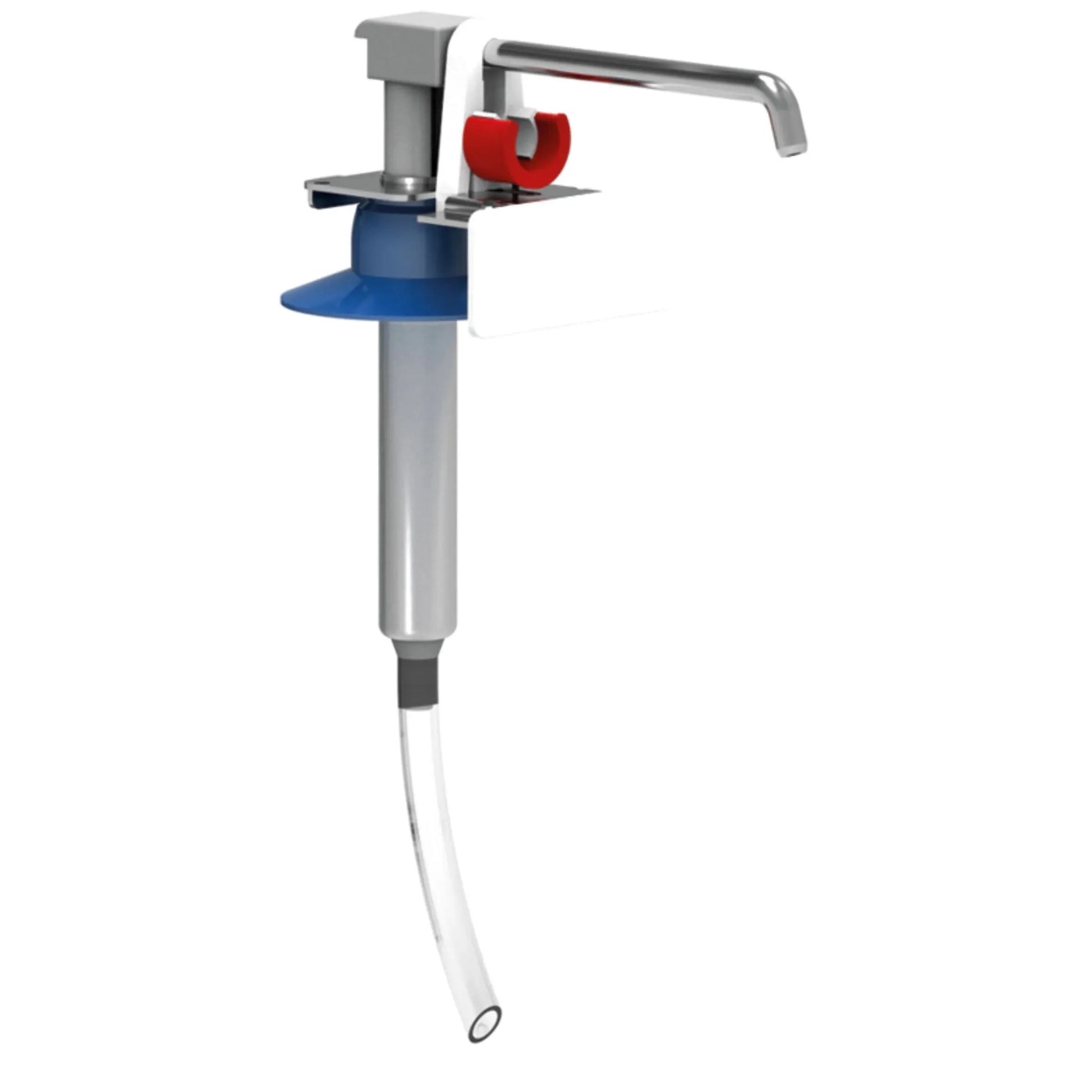 Die Novocal Edelstahlpumpe für Desinfektionsmittelspender 500ml hat ein Design aus Metall und Kunststoff, ein langes transparentes Rohr, einen blauen Halskragen und einen roten Verschluss in der Nähe des Griffs - perfekt für die Abgabe von Desinfektionsmitteln. Verpackung: 1 Stück. Marke: Novocal.