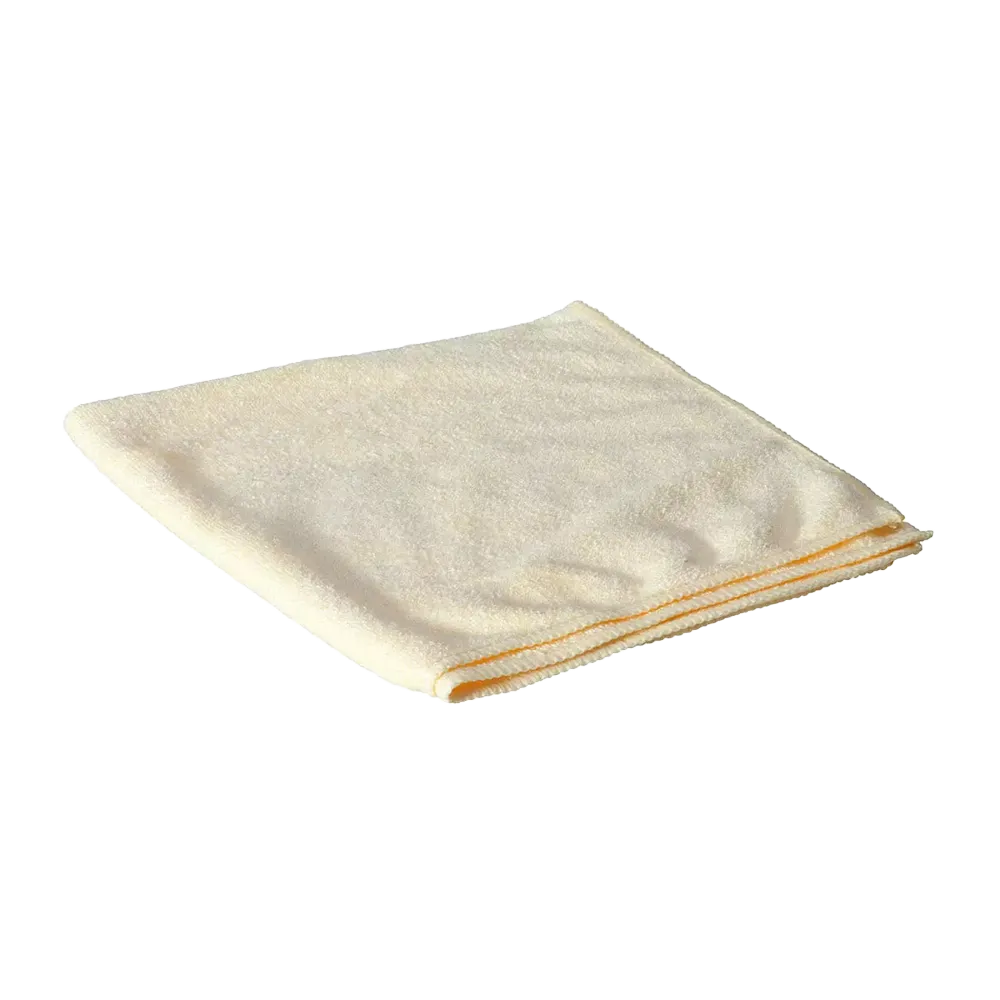 Ein AMPri Clean Comfort Microfasertuch 40 x 40, mit der Marke AMPri Handelsgesellschaft mbH, liegt sauber gefaltet auf einem schlichten weißen Hintergrund. Es weist eine cremefarbene Farbe mit gelbem Rand auf und bietet sauberen Komfort in jeder Umgebung.