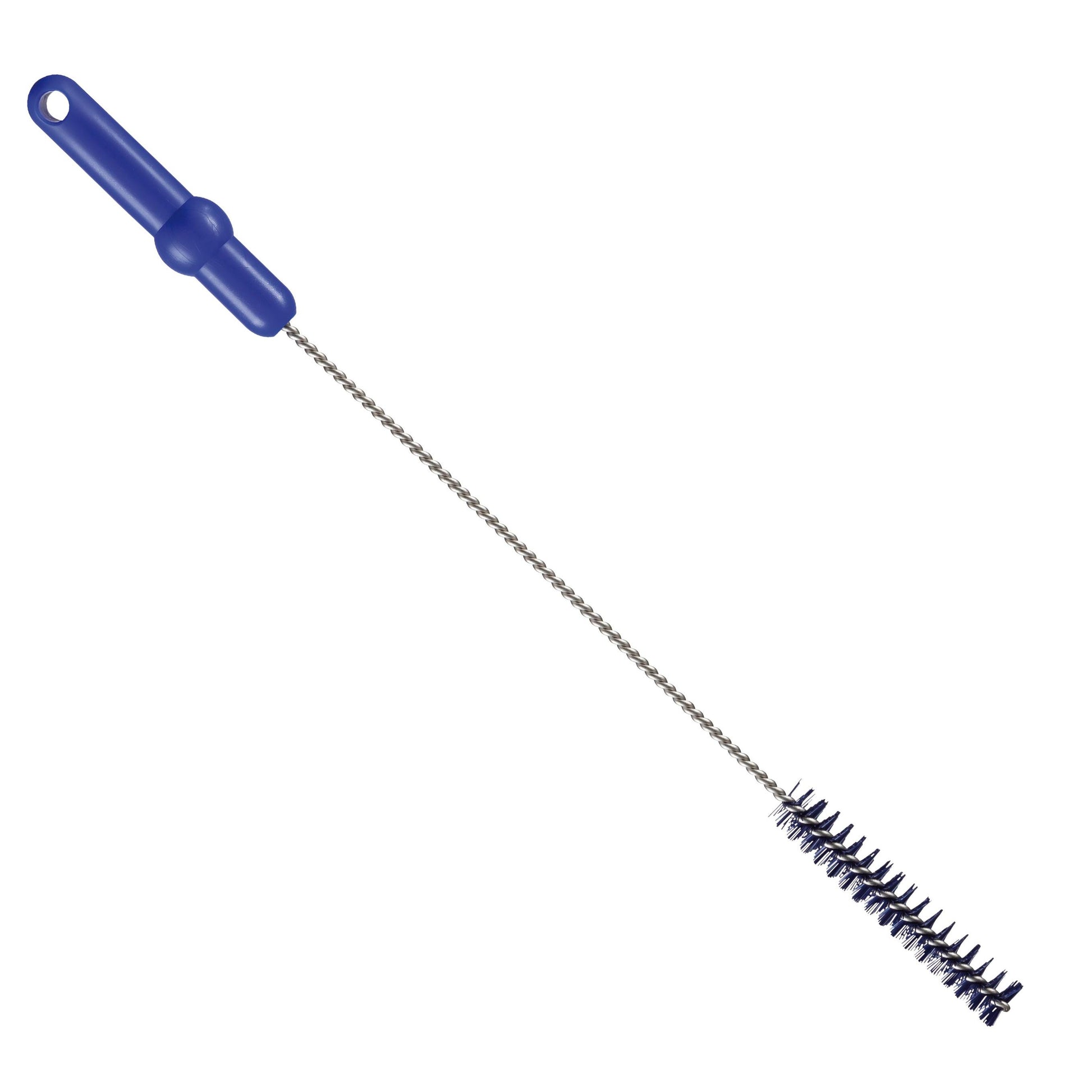 Die Haug Bürsten KG Haug Rohrbürste mit V2A Edelstahldraht, PP/PBT hart, 500 x ø20 mm in blau ist ideal für die professionelle Rohrreinigung und verfügt über einen robusten Kunststoffgriff und steife schwarze Borsten.