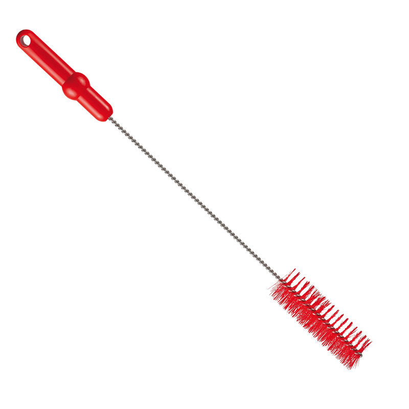 Die Haug Bürsten KG Rohrbürste mit V2A Edelstahldraht PBT Mittel (500 x ø40 mm, rot) ist für hygienische Rohrreinigung konzipiert. Sie hat einen roten Griff mit Aufhängeloch und roten Borsten, isoliert auf weißem Hintergrund.
