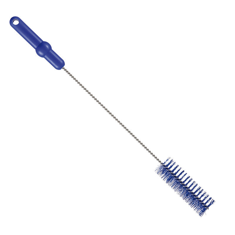 Die Haug Bürsten KG Rohrbürste mit V2A Edelstahldraht PBT Mittel (500 x ø40 mm) in blau verfügt über einen Kunststoffgriff und zylindrische Borsten - ideal für die hygienische Reinigung von Flaschen oder schmalen Behältern.