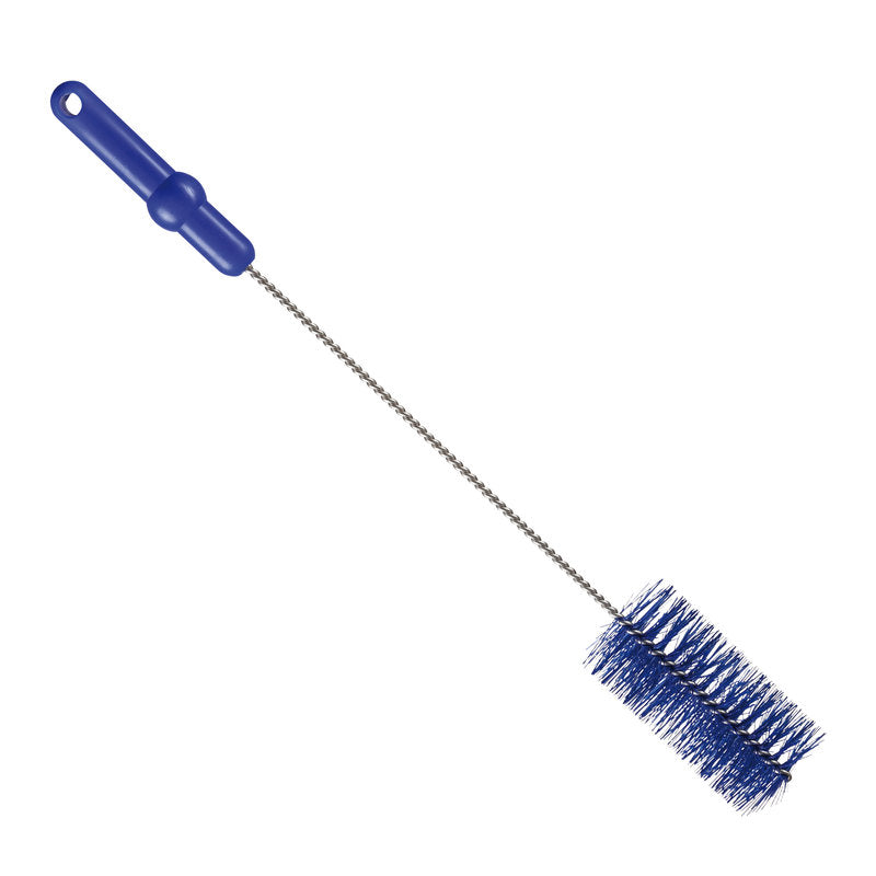 Die Haug Bürsten KG Rohrbürste PBT Mittel 500 x ø60 mm in blau, mit steifen Borsten und langem Metallstiel, ist auf weißem Grund abgebildet - ideal für die effektive Pfeifenreinigung.