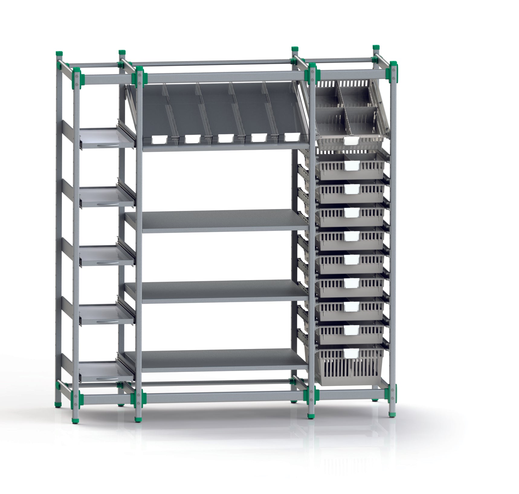 Das Novocal FlexiStore Regalsystem ist ein Regal aus eloxiertem Aluminium mit grünen Eckakzenten, das über mehrere Regalböden, eine schräge Trennwand und rechts gestapelte Aufbewahrungsbehälter verfügt. Enthält 1 Basisregal 400 x 600.