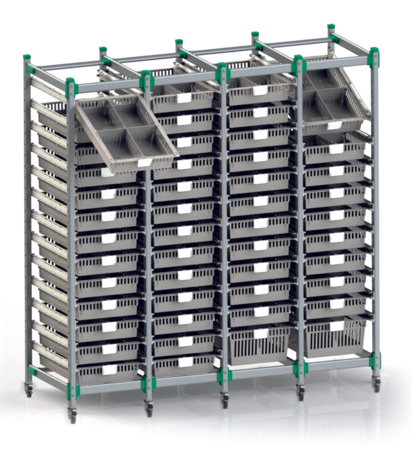 Das Novocal FlexiStore Regalsystem aus eloxiertem Aluminium (1 Basisregal 400 x 600) steht auf Rollen, hält zahlreiche graue Behälter, davon zwei schräg herausgezogen oben, und wird von Stangen mit grünen Akzenten gestützt.