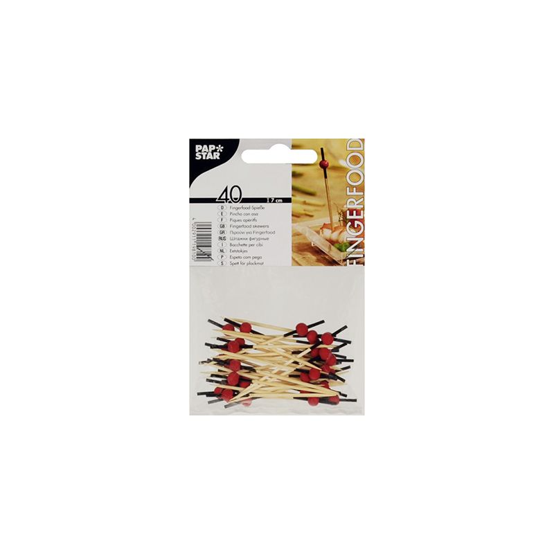 Eine Packung PAPSTAR Fingerfood-Picker der PAPSTAR GmbH enthält 40 Bambusspieße mit roten Knaufgriffen. Die transparente Verpackung gibt den Blick auf die nachhaltigen Spieße frei und enthält ein Etikett, das neben den Produktdetails auch ein Bild der Spieße im Einsatz zeigt.