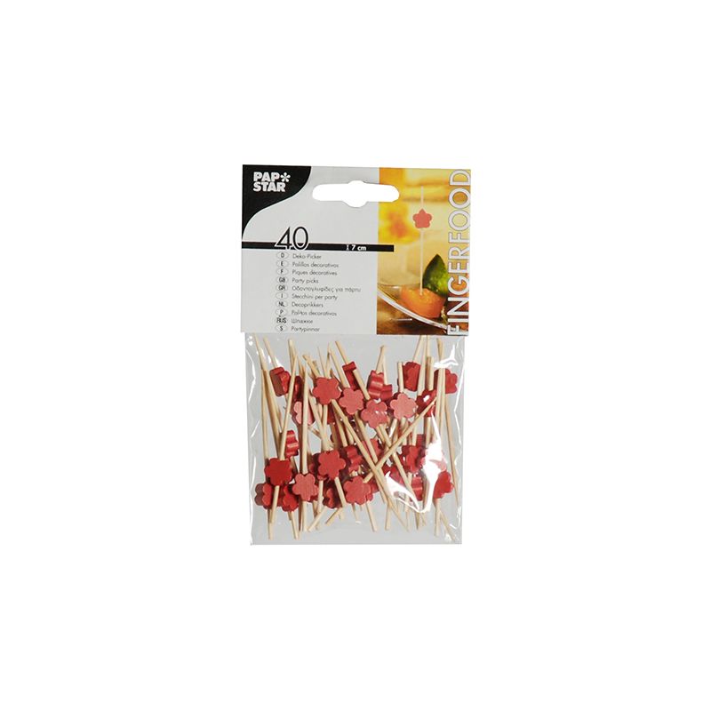 Auf einem schlichten weißen Untergrund ist eine Packung mit 40 PAPSTAR Fingerfood - Pickern in verschiedenen Designs und einer Länge von 7 cm abgebildet. Die Bambusspieße mit roten Zierenden der PAPSTAR GmbH sind auf der Verpackung abgebildet und in eine Schale eingelegt, ideal zum Servieren von Vorspeisen oder kleinen Snacks.